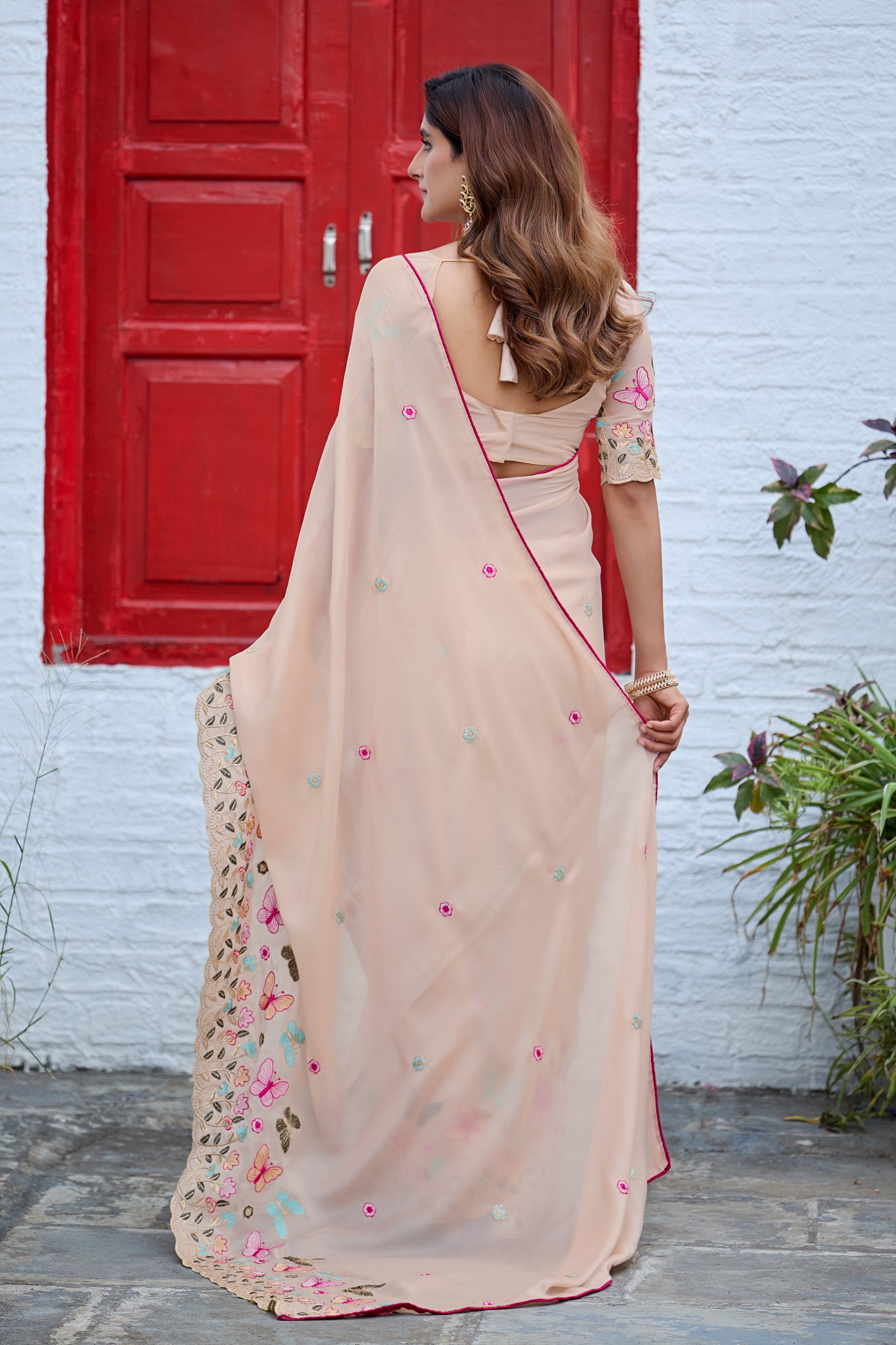 SHIKHA Georgette Embellished Embroidered Saree - Light Yellow