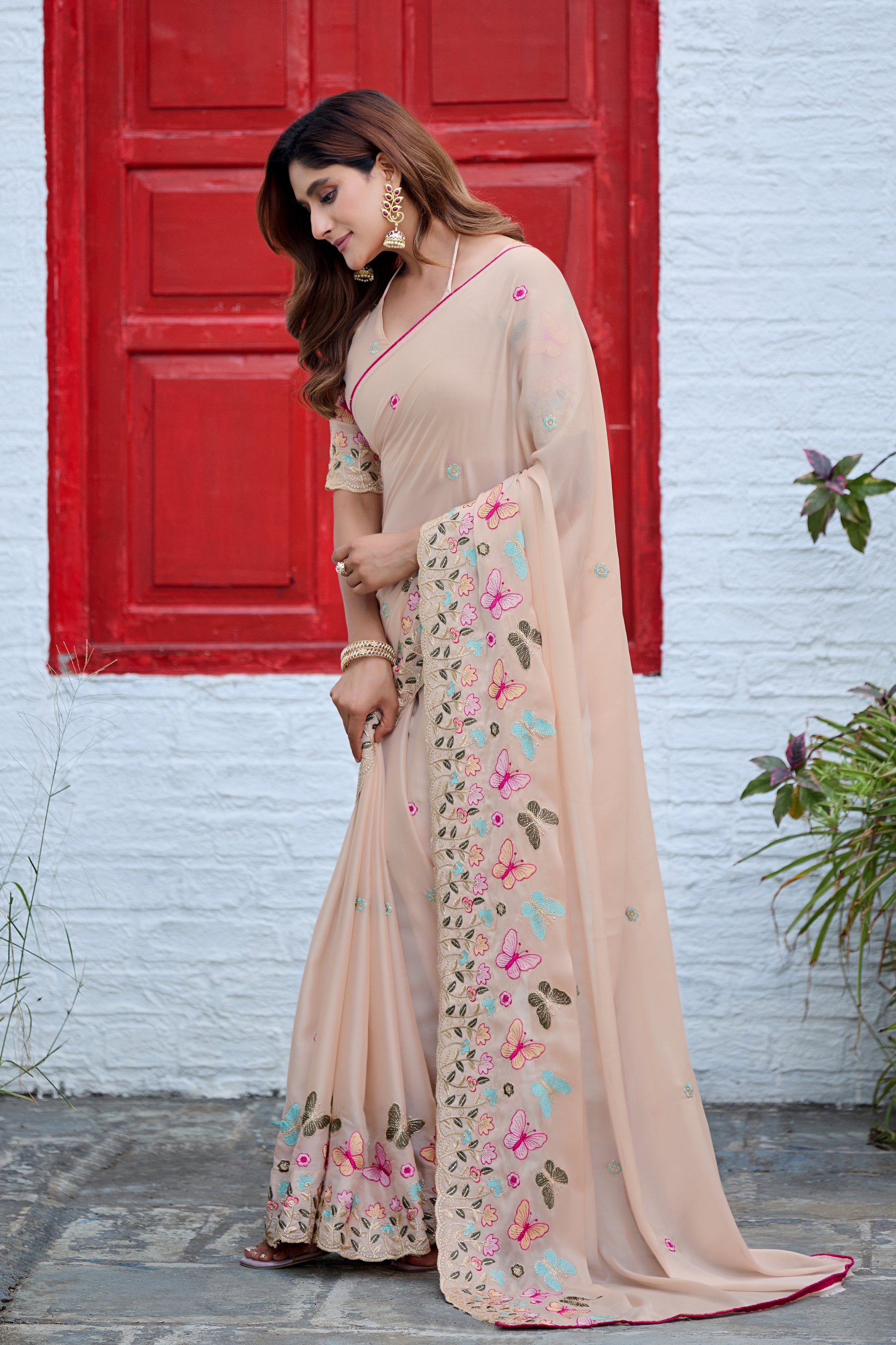 SHIKHA Georgette Embellished Embroidered Saree - Light Yellow