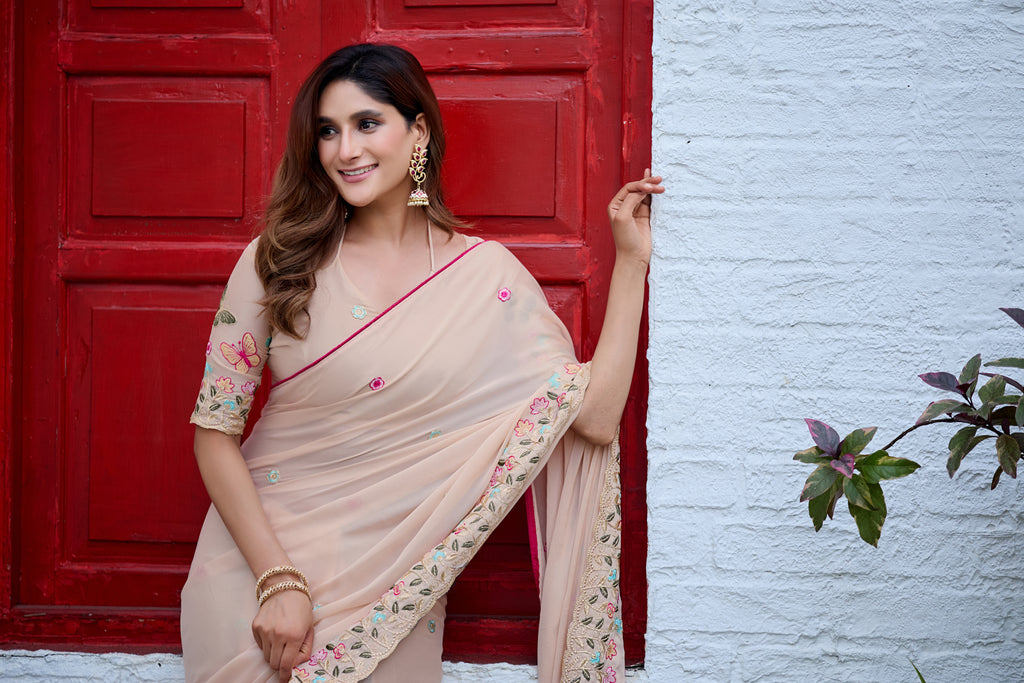 SHIKHA Georgette Embellished Embroidered Saree - Light Yellow