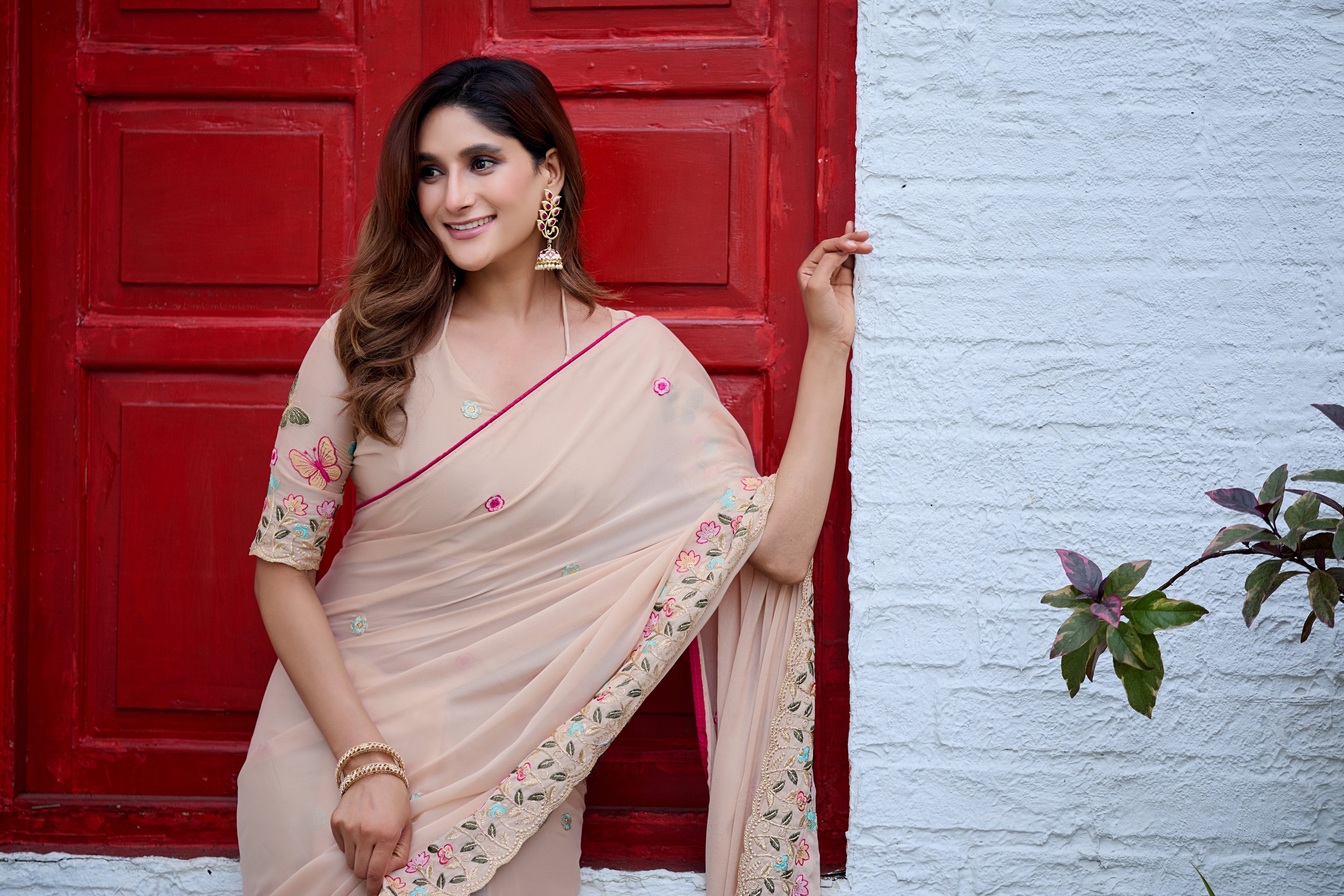SHIKHA Georgette Embellished Embroidered Saree - Light Yellow