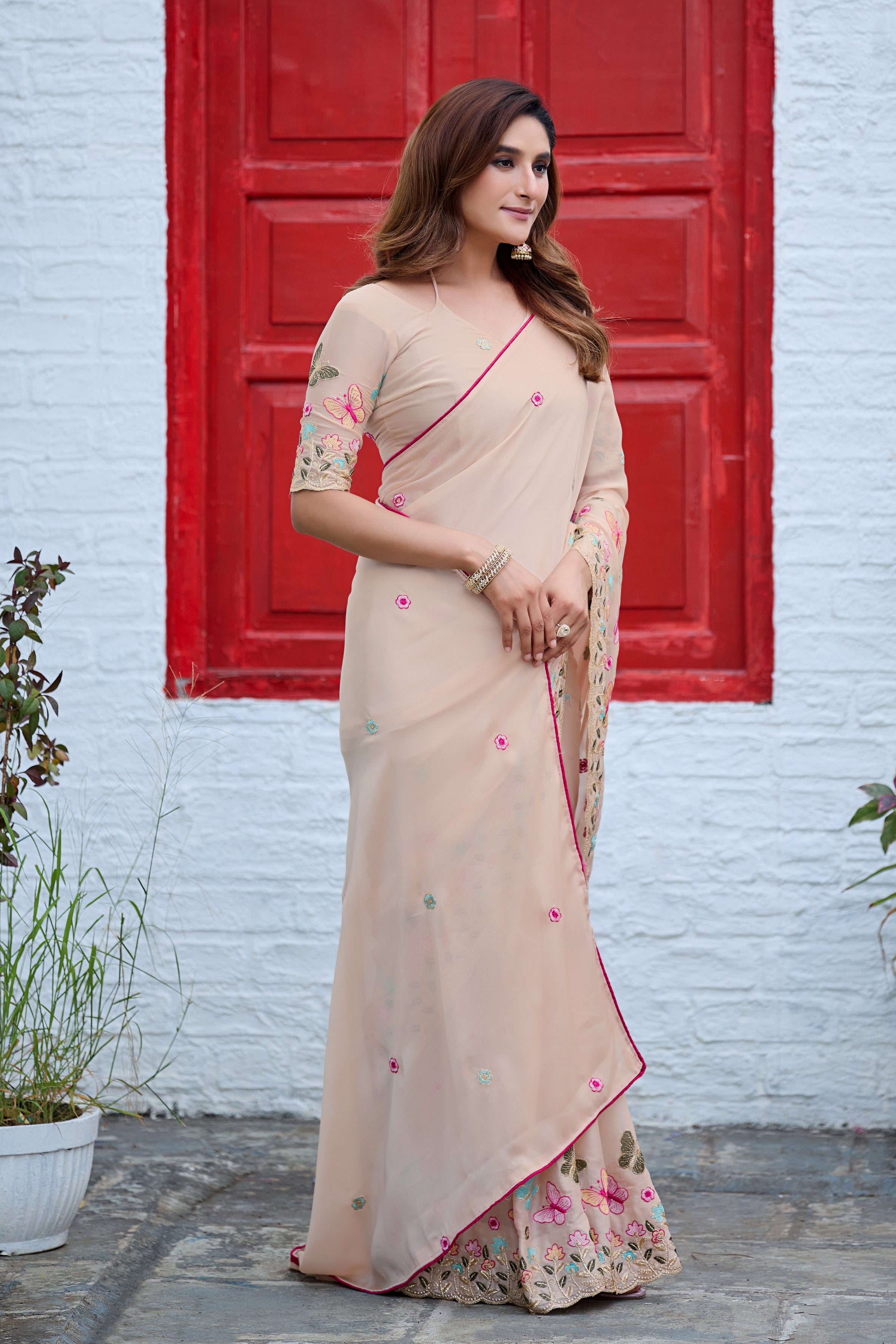 SHIKHA Georgette Embellished Embroidered Saree - Light Yellow