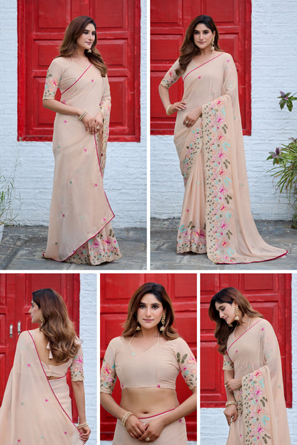 SHIKHA Georgette Embellished Embroidered Saree - Light Yellow