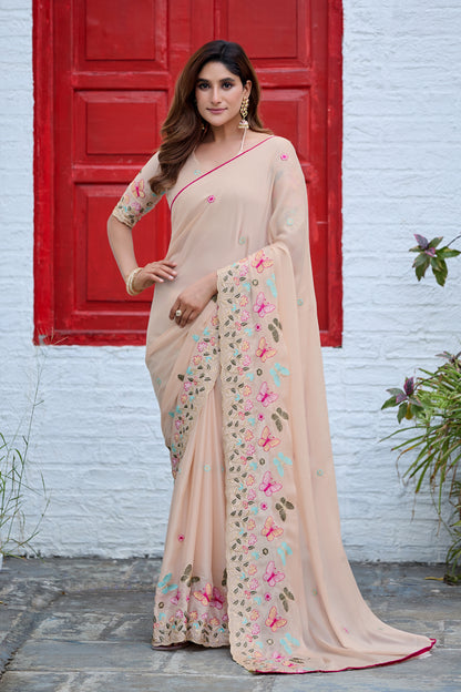 SHIKHA Georgette Embellished Embroidered Saree - Light Yellow
