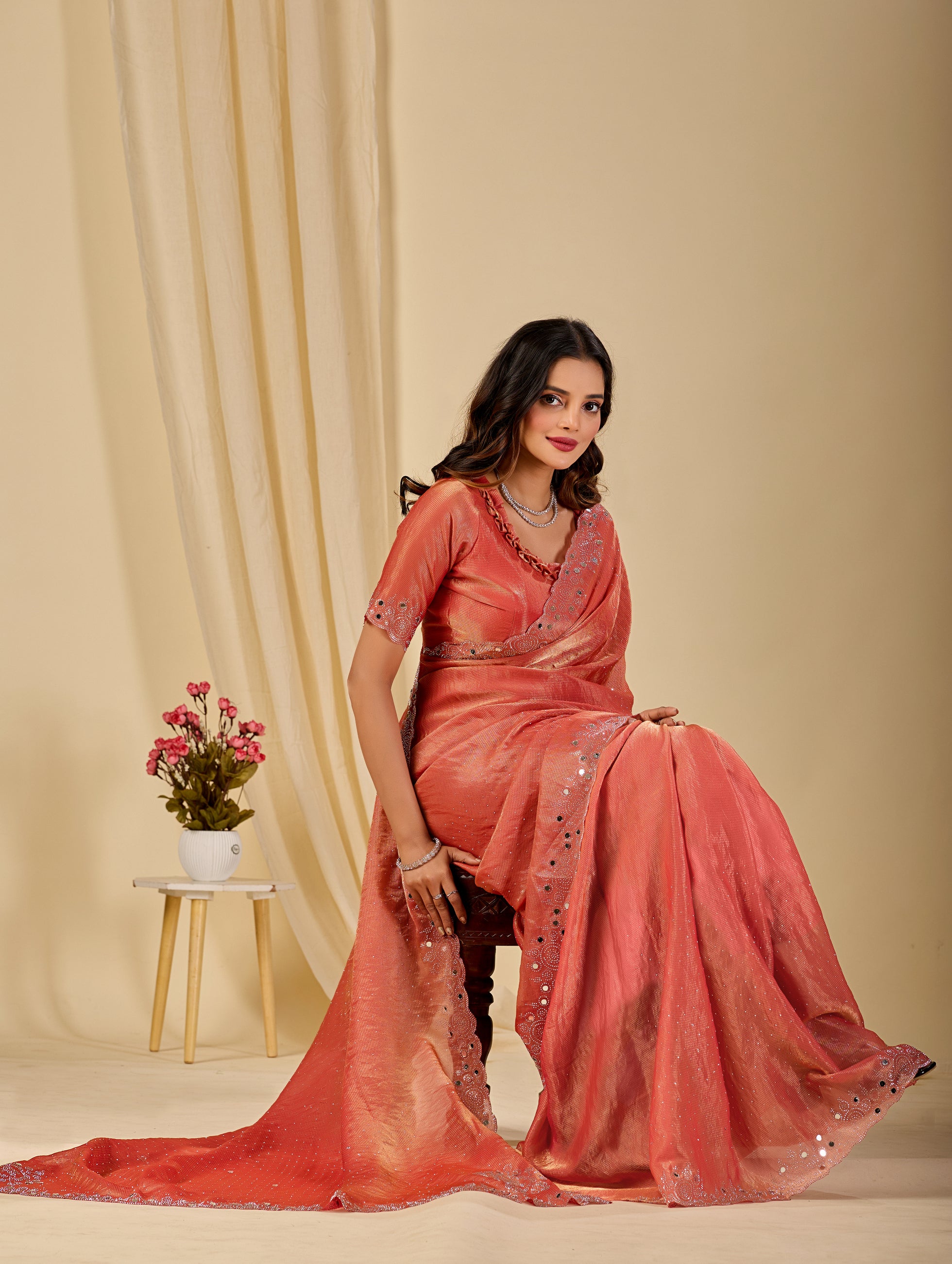SHLOKA Chiffon Mirror Work Saree - Light Fanta
