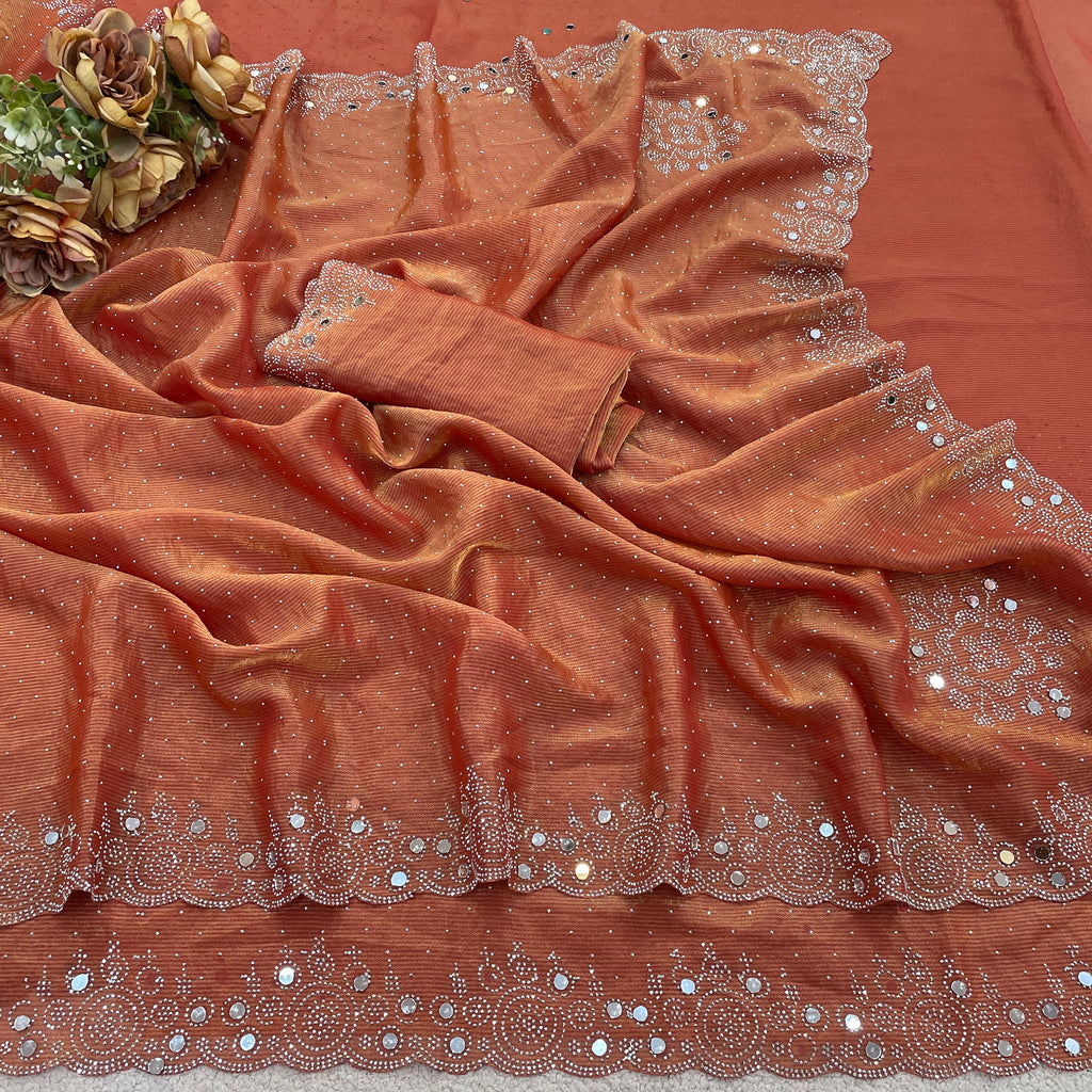 SHLOKA Chiffon Mirror Work Saree - Light Fanta