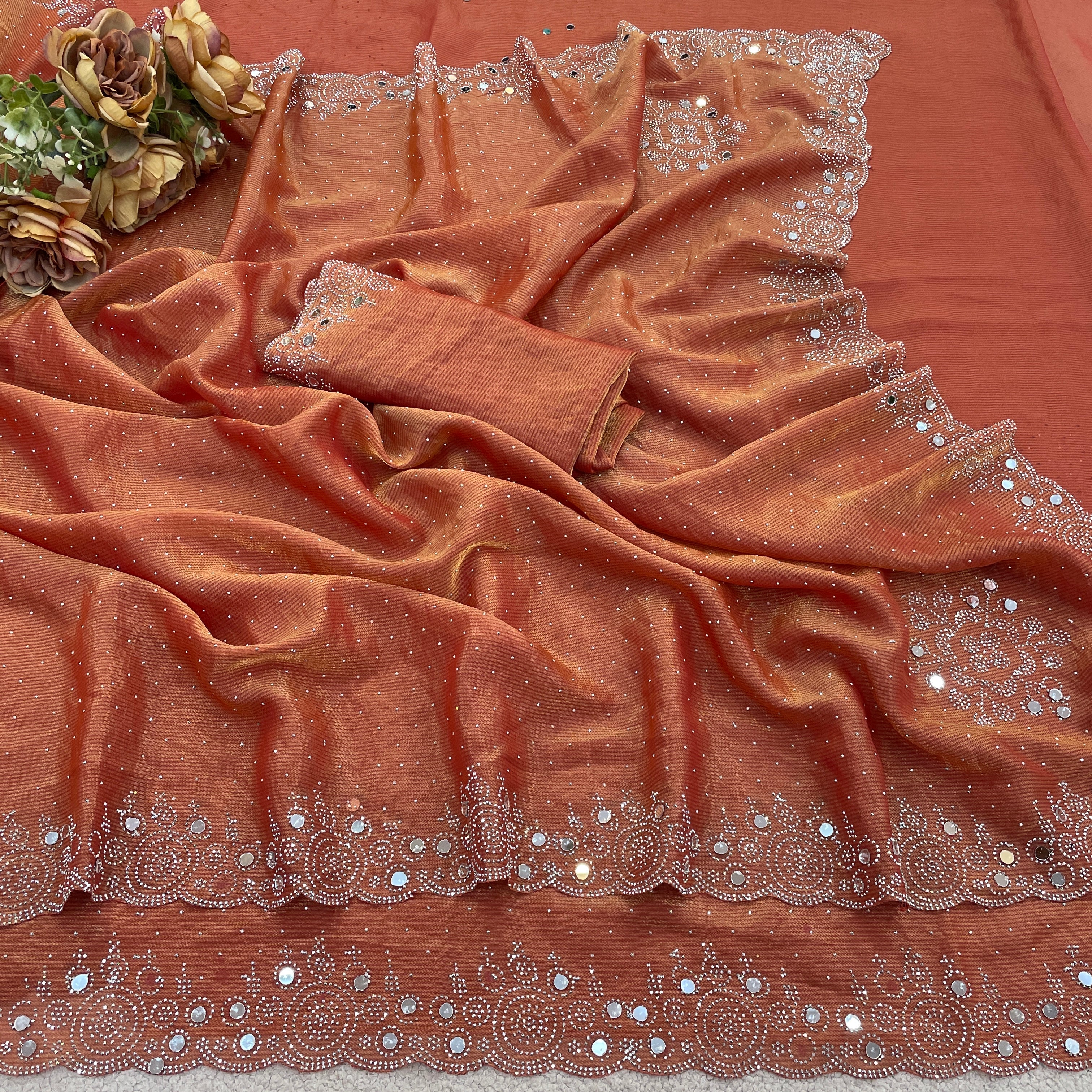 SHLOKA Chiffon Mirror Work Saree - Light Fanta