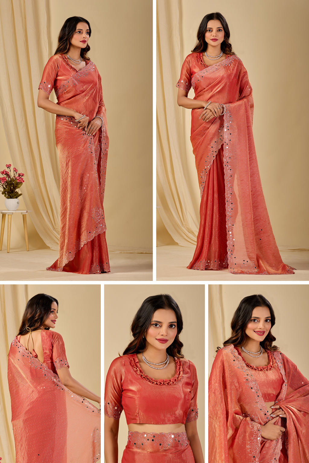 SHLOKA Chiffon Mirror Work Saree - Light Fanta