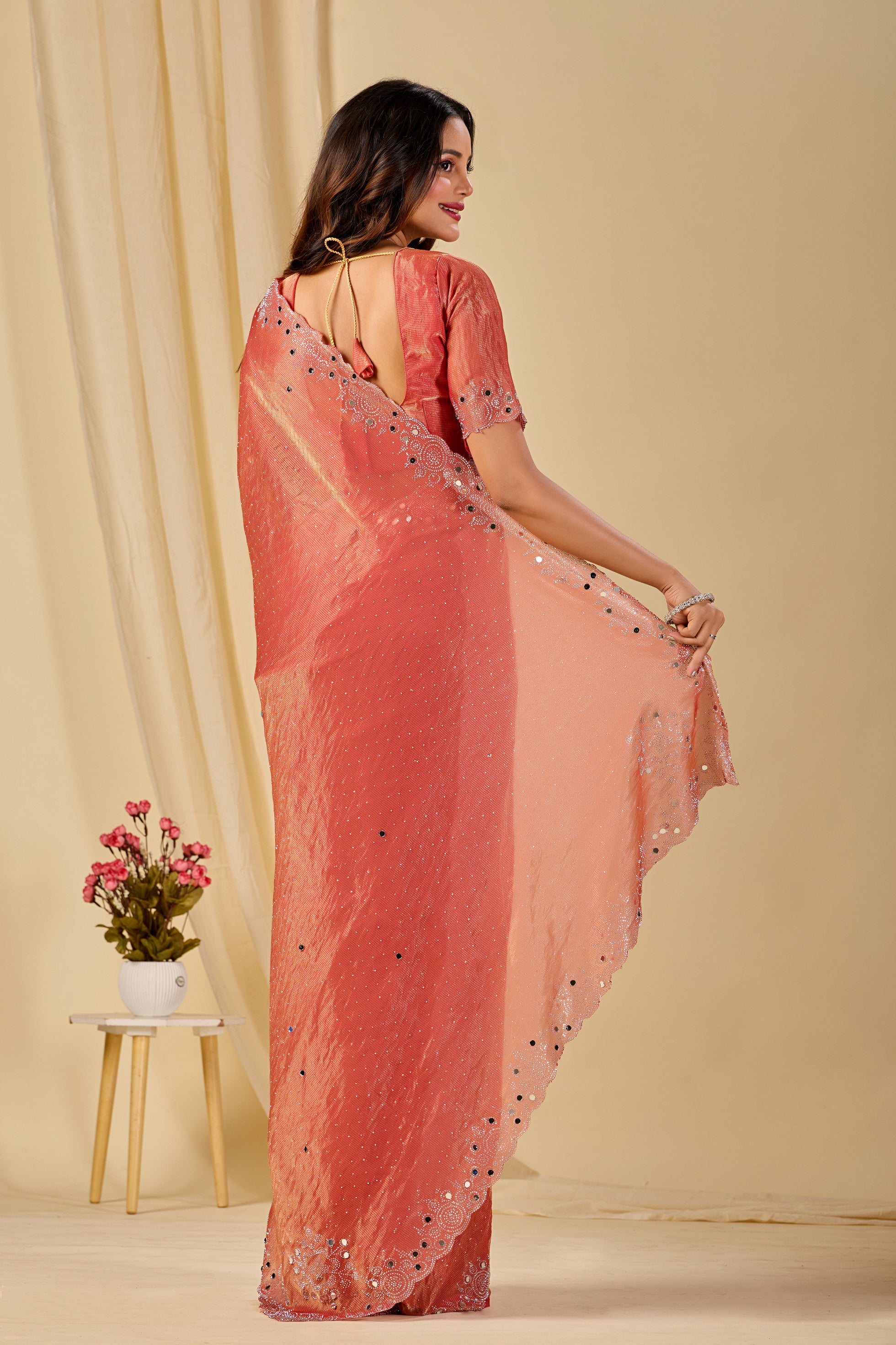 SHLOKA Chiffon Mirror Work Saree - Light Fanta