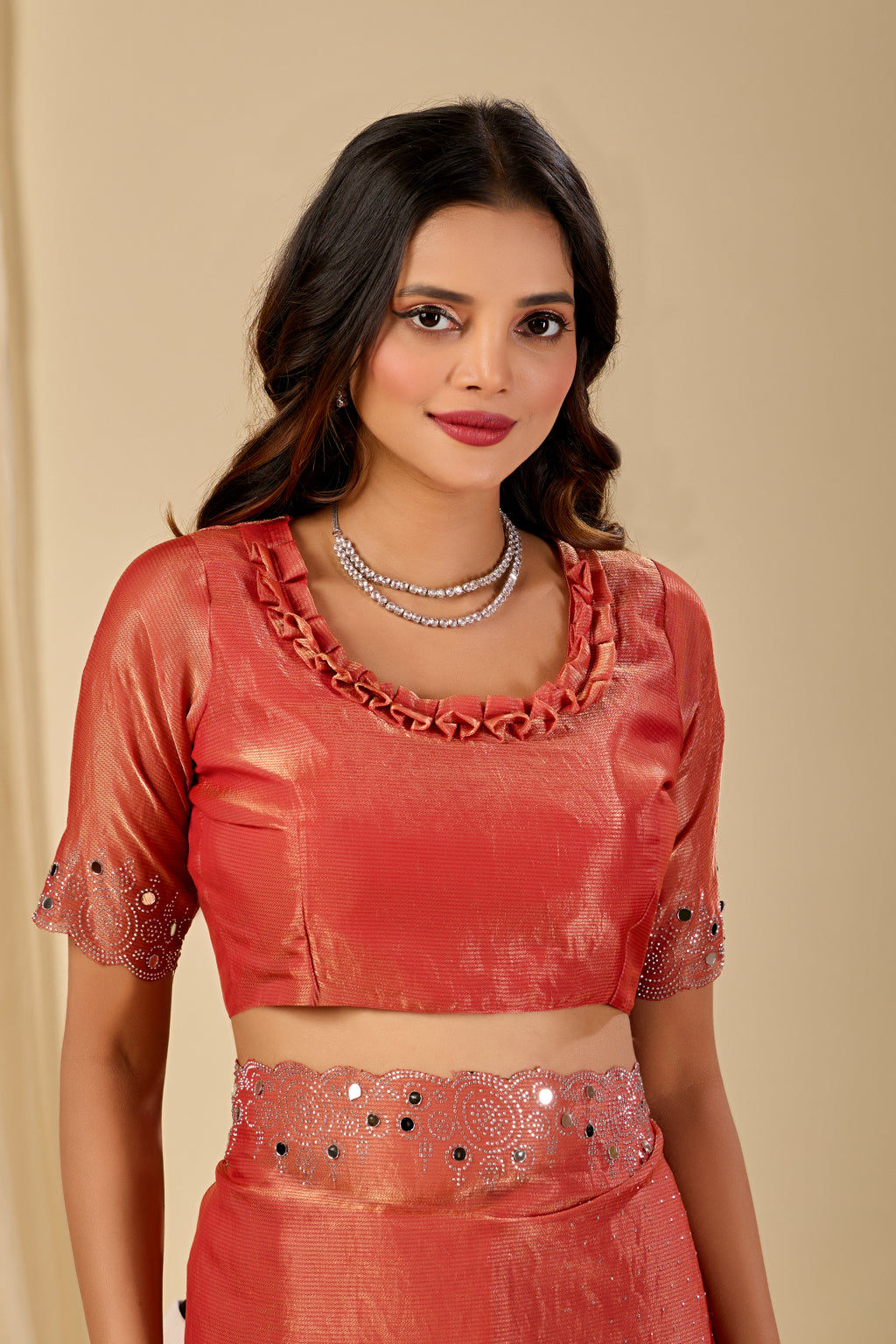 SHLOKA Chiffon Mirror Work Saree - Light Fanta