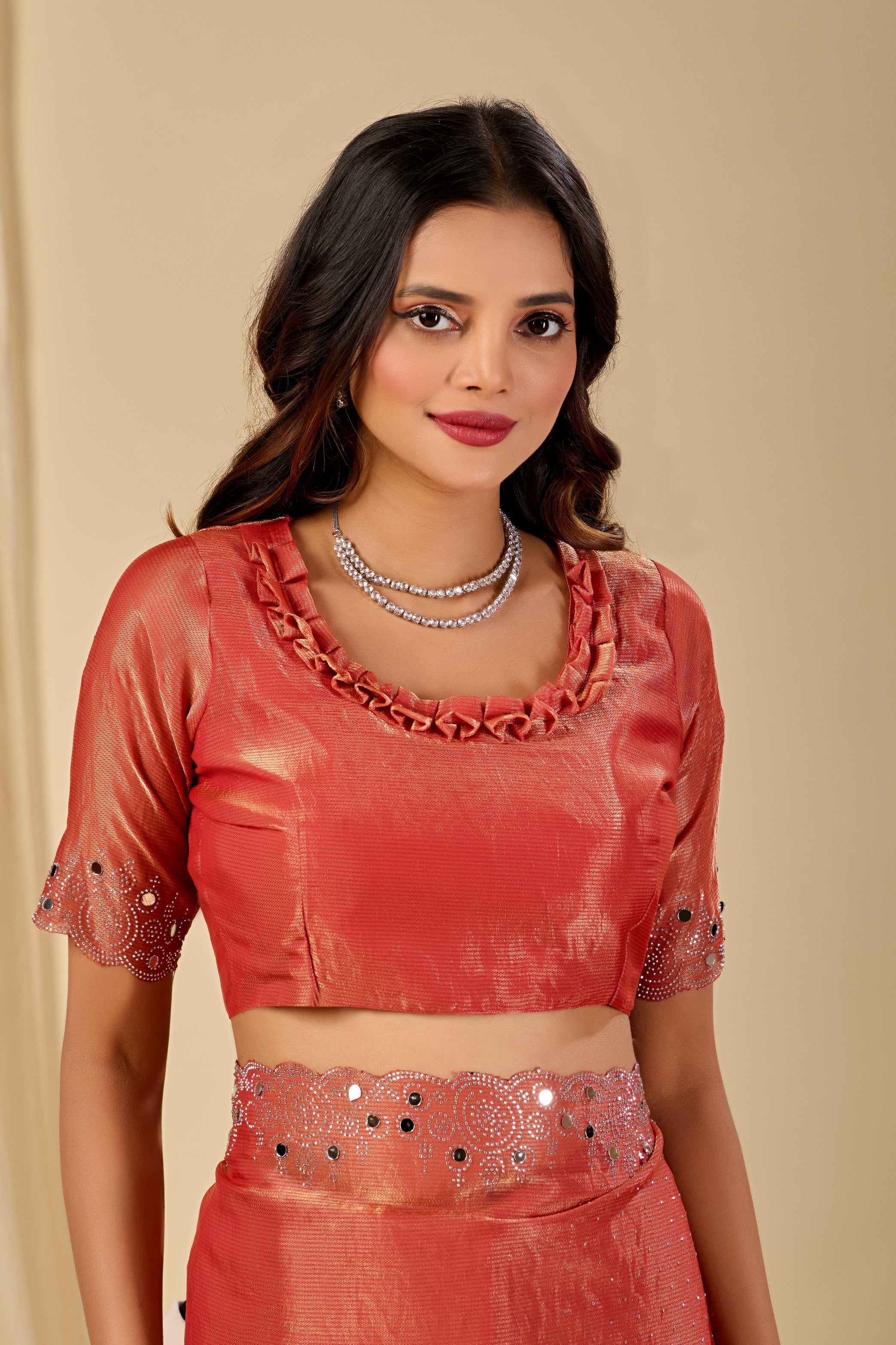 SHLOKA Chiffon Mirror Work Saree - Light Fanta