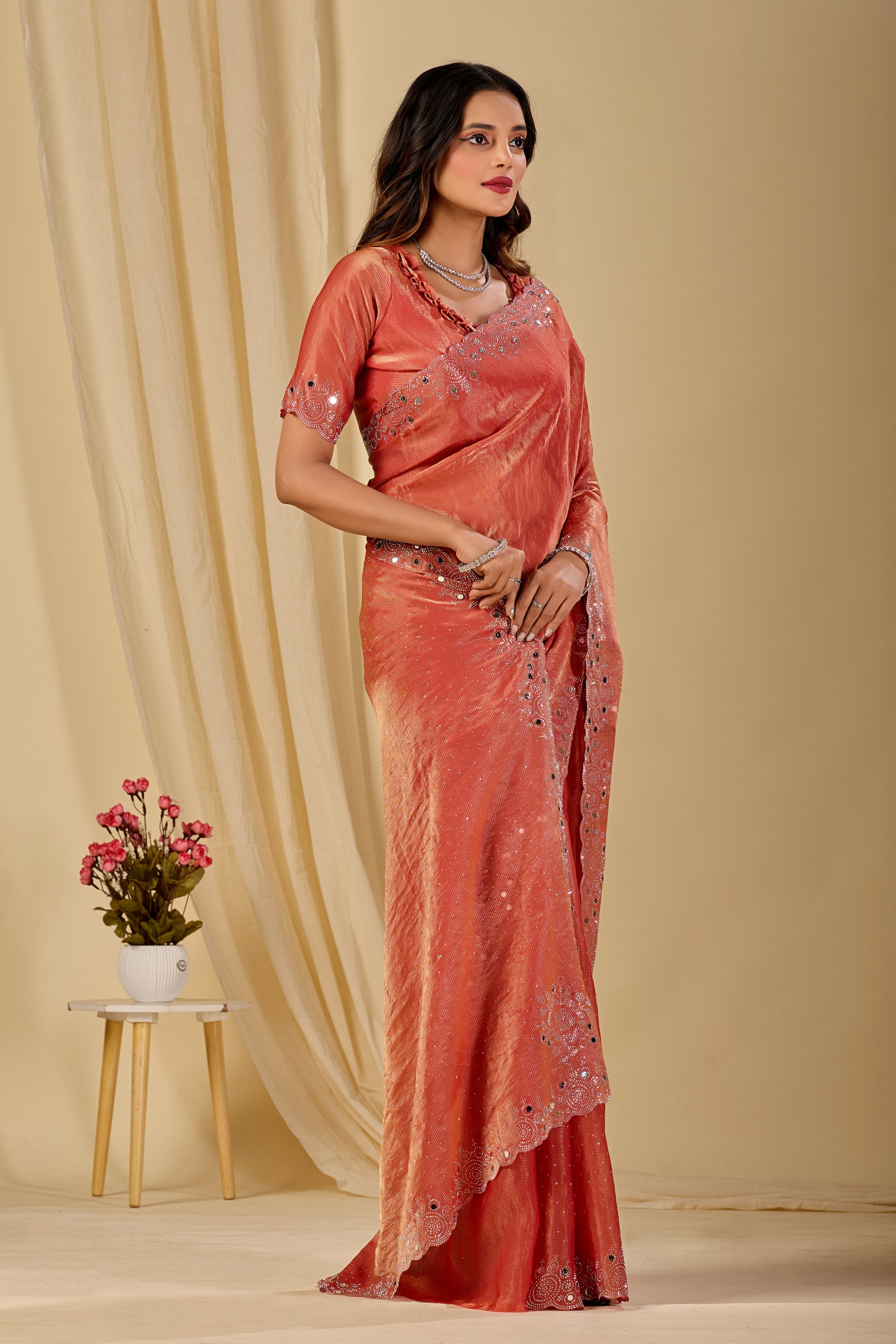 SHLOKA Chiffon Mirror Work Saree - Light Fanta