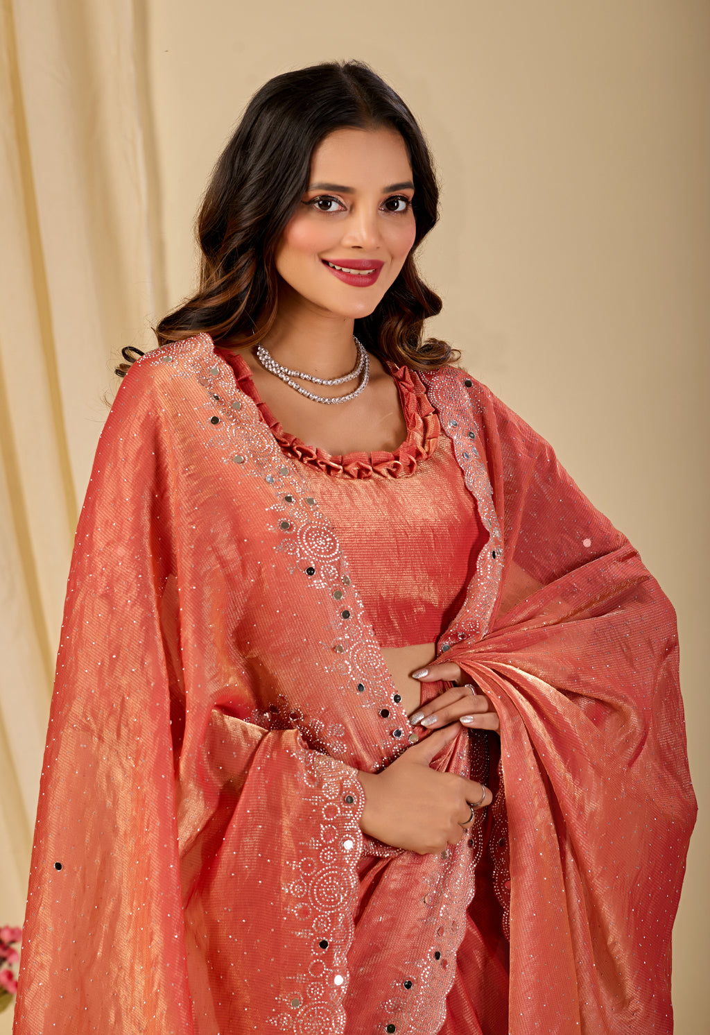 SHLOKA Chiffon Mirror Work Saree - Light Fanta
