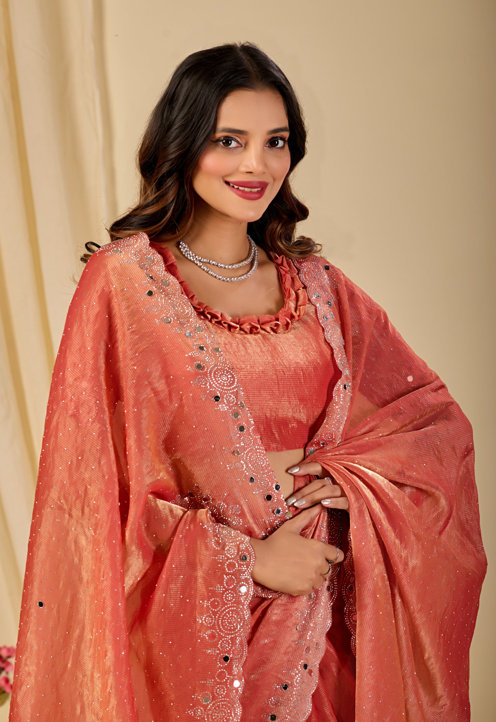 SHLOKA Chiffon Mirror Work Saree - Light Fanta