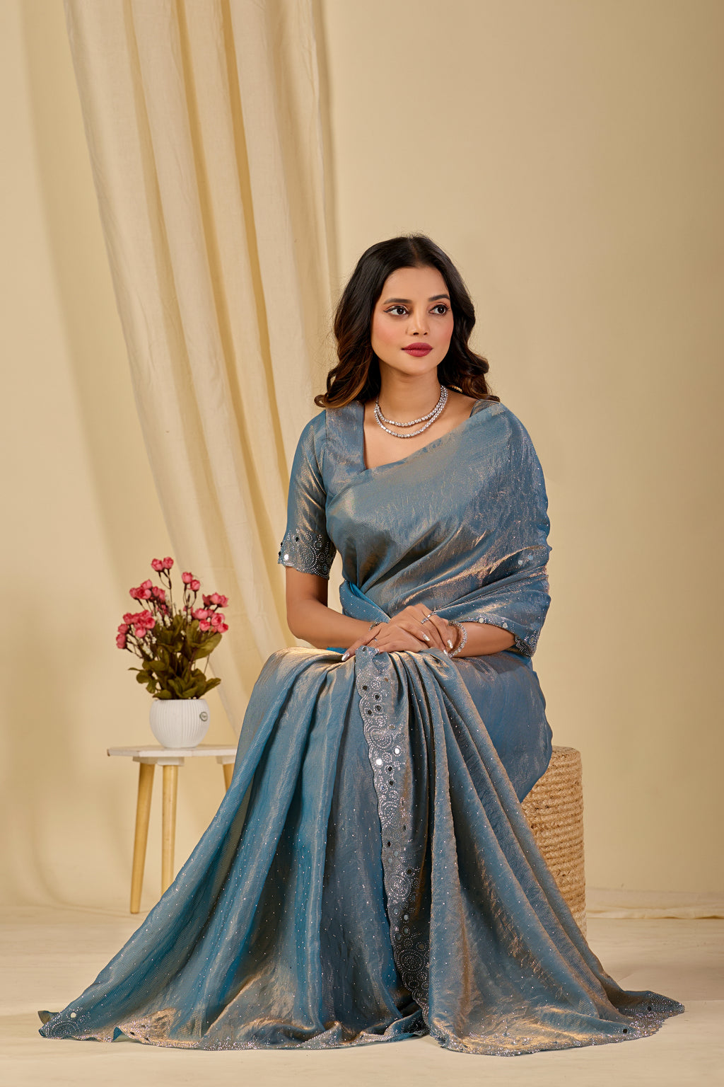 SHLOKA Chiffon Mirror Work Saree - Light Grey
