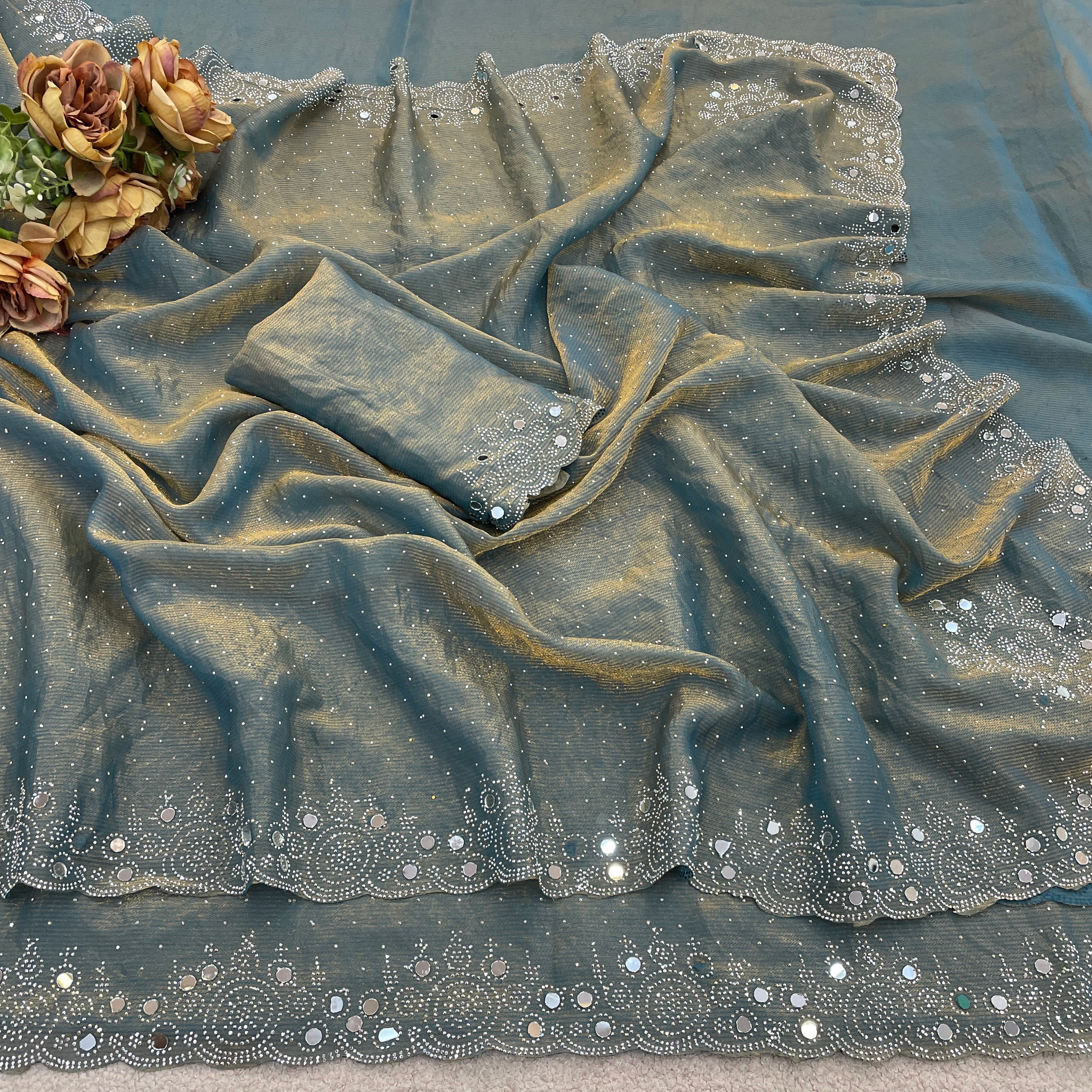 SHLOKA Chiffon Mirror Work Saree - Light Grey