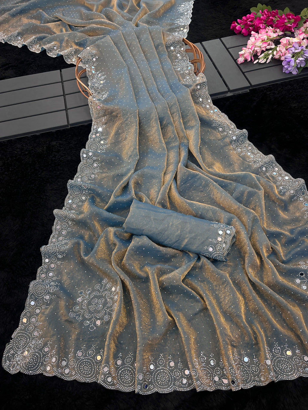 SHLOKA Chiffon Mirror Work Saree - Light Grey
