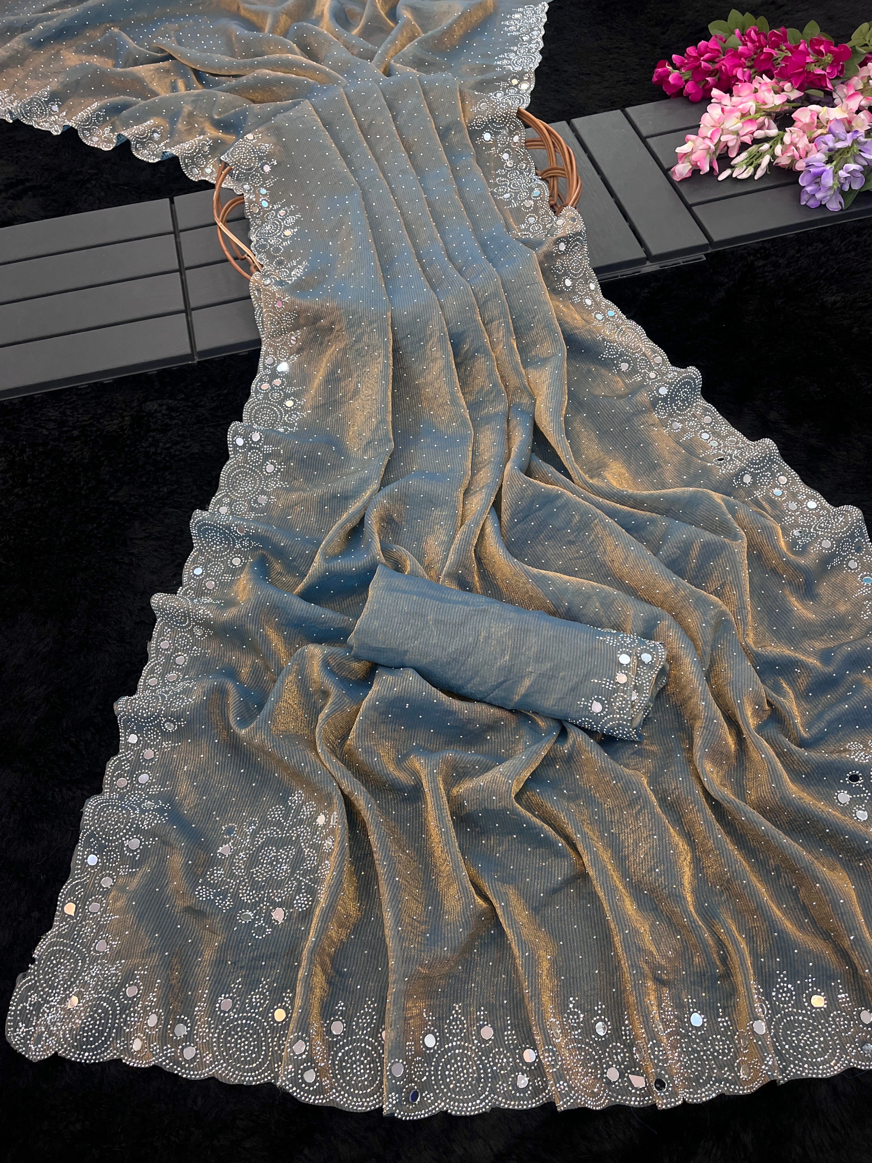 SHLOKA Chiffon Mirror Work Saree - Light Grey