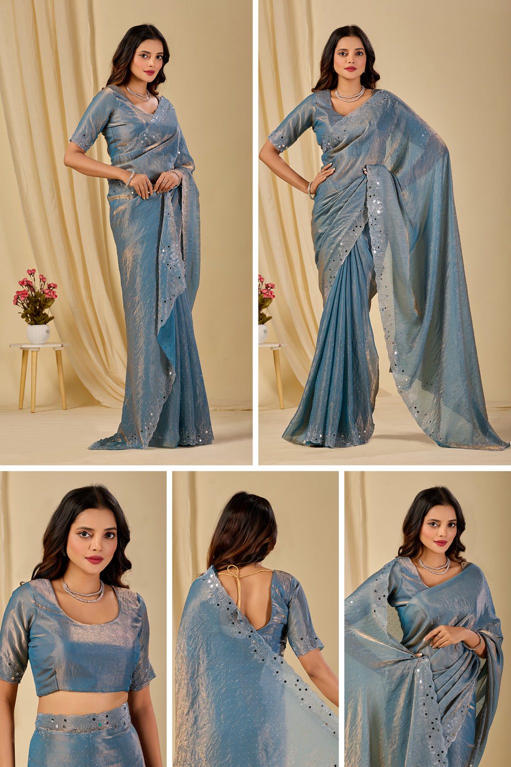 SHLOKA Chiffon Mirror Work Saree - Light Grey