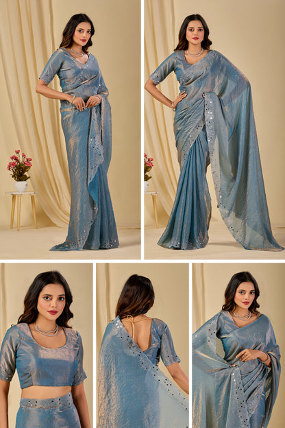 SHLOKA Chiffon Mirror Work Saree - Light Grey