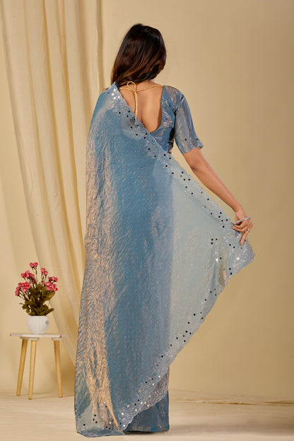 SHLOKA Chiffon Mirror Work Saree - Light Grey