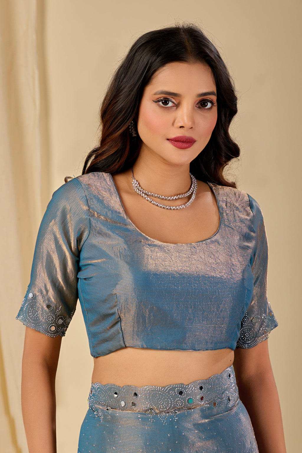 SHLOKA Chiffon Mirror Work Saree - Light Grey