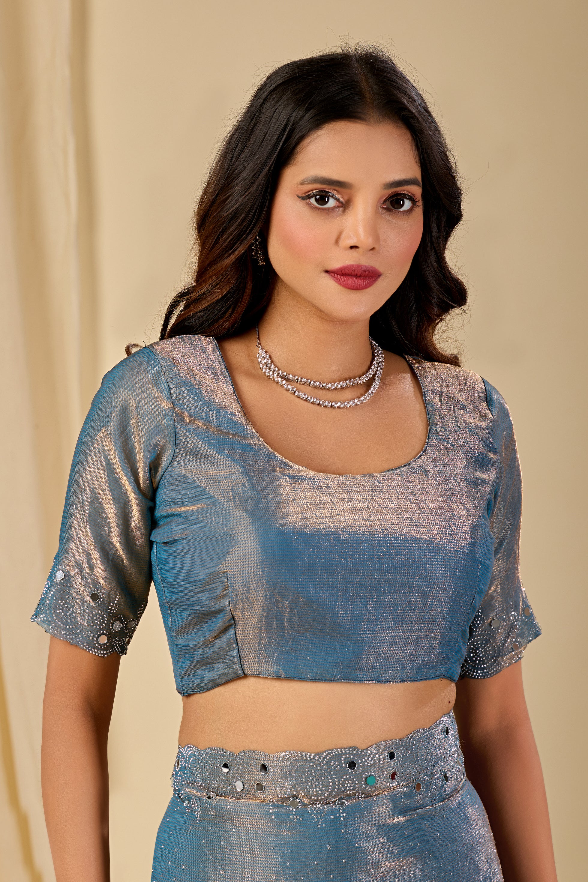 SHLOKA Chiffon Mirror Work Saree - Light Grey