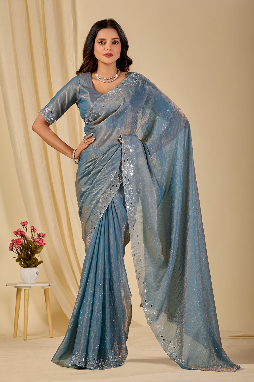 SHLOKA Chiffon Mirror Work Saree - Light Grey
