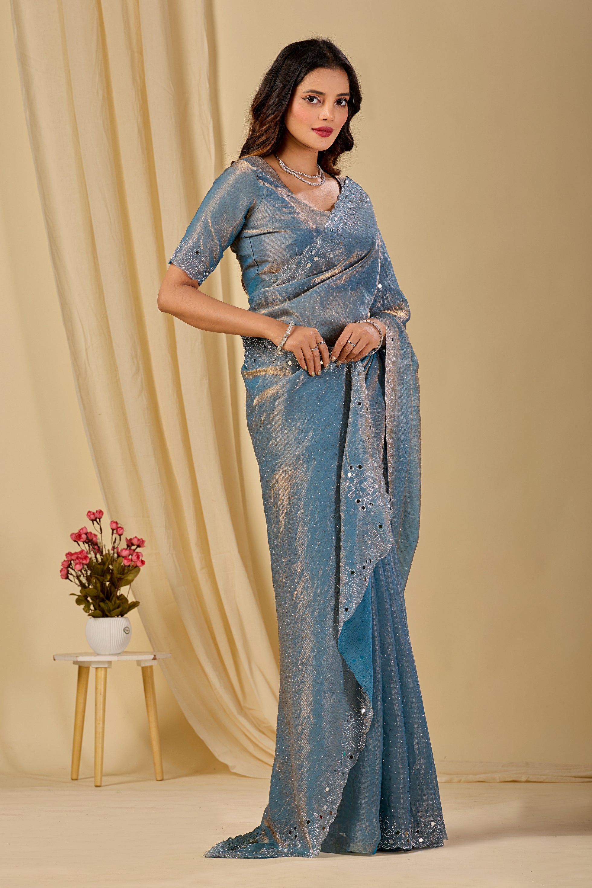SHLOKA Chiffon Mirror Work Saree - Light Grey