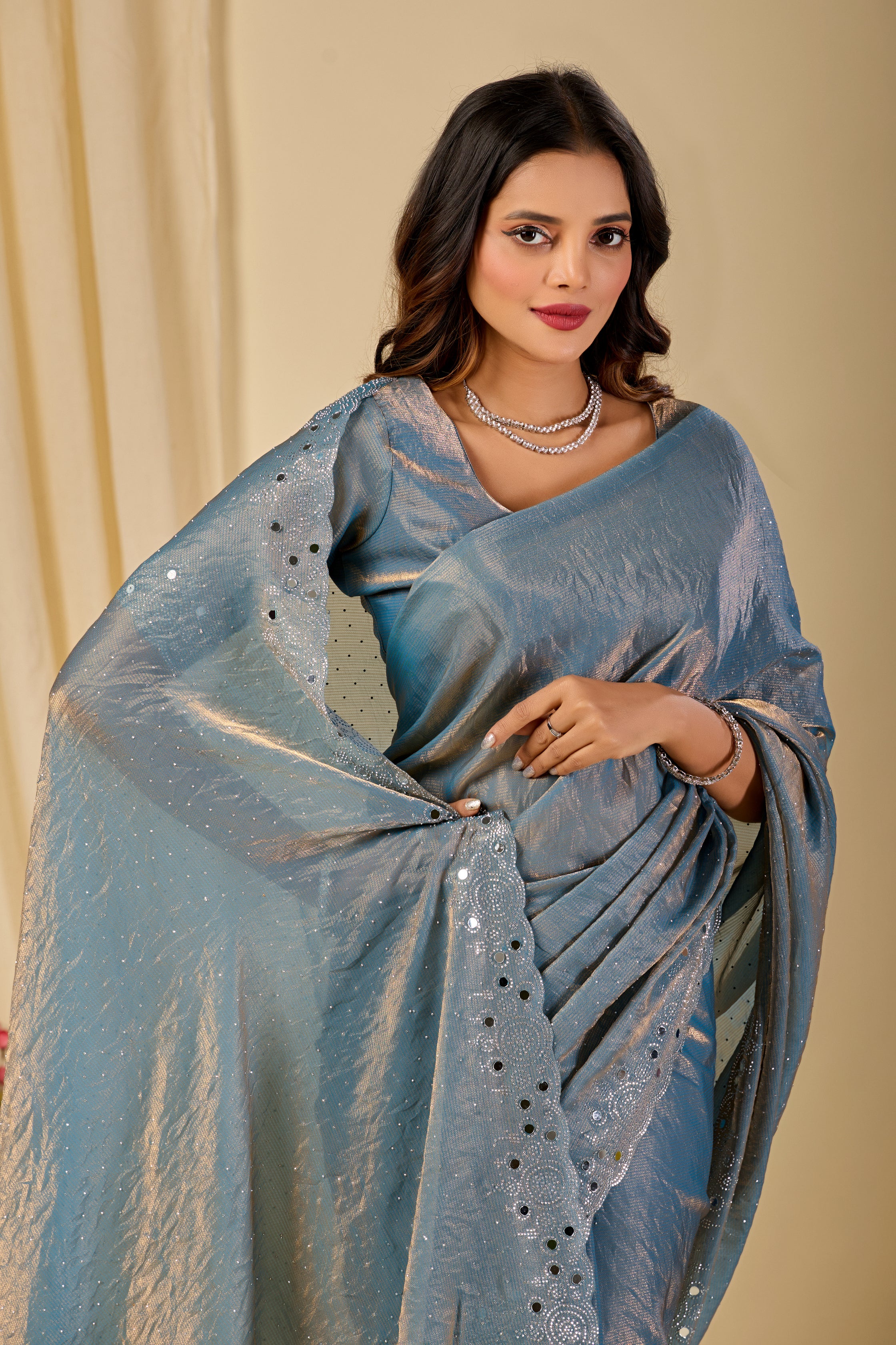 SHLOKA Chiffon Mirror Work Saree - Light Grey