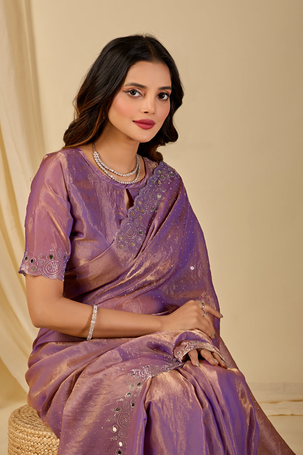 SHLOKA Chiffon Mirror Work Saree - Light Lavendar