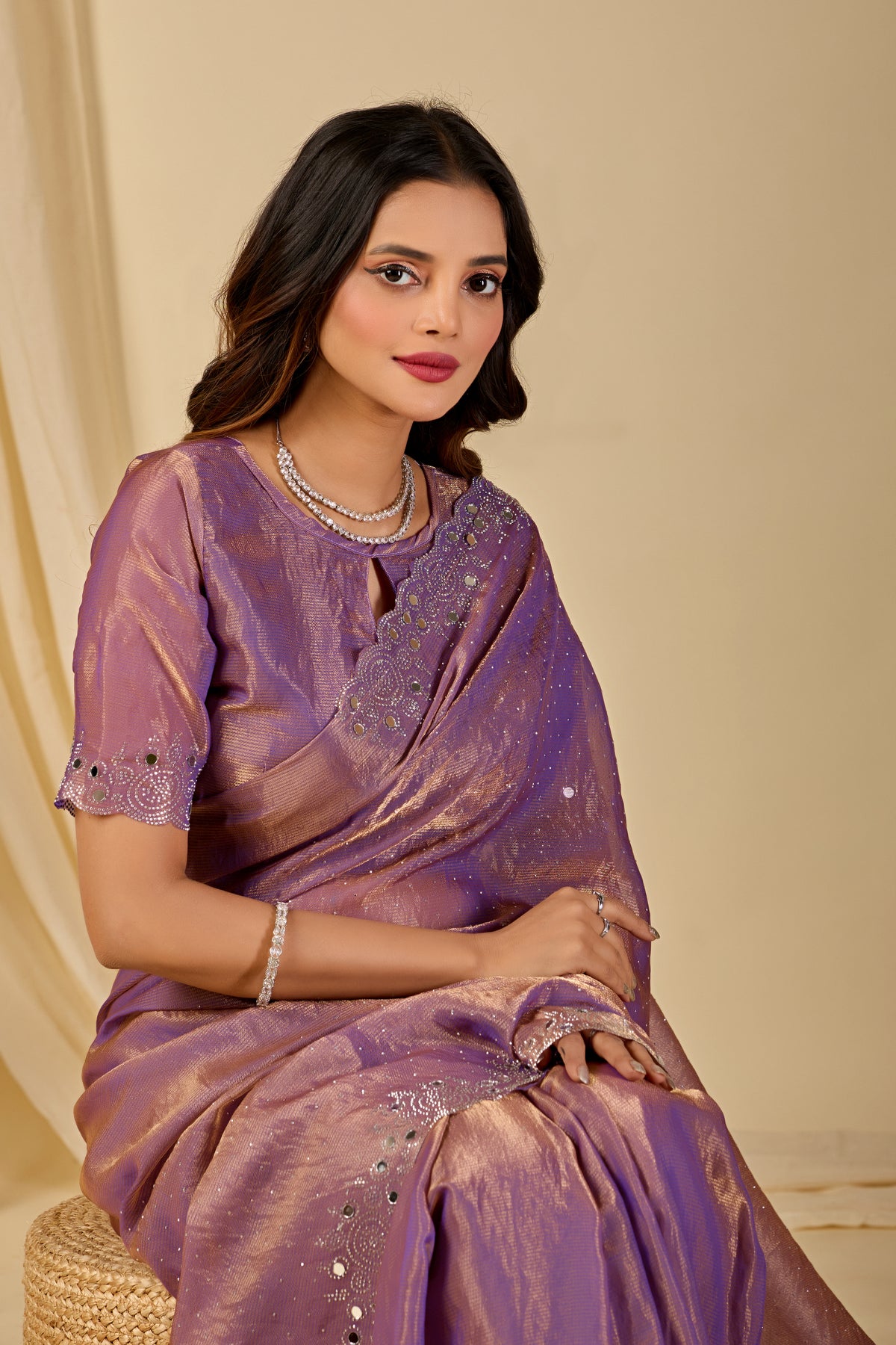 SHLOKA Chiffon Mirror Work Saree - Light Lavendar