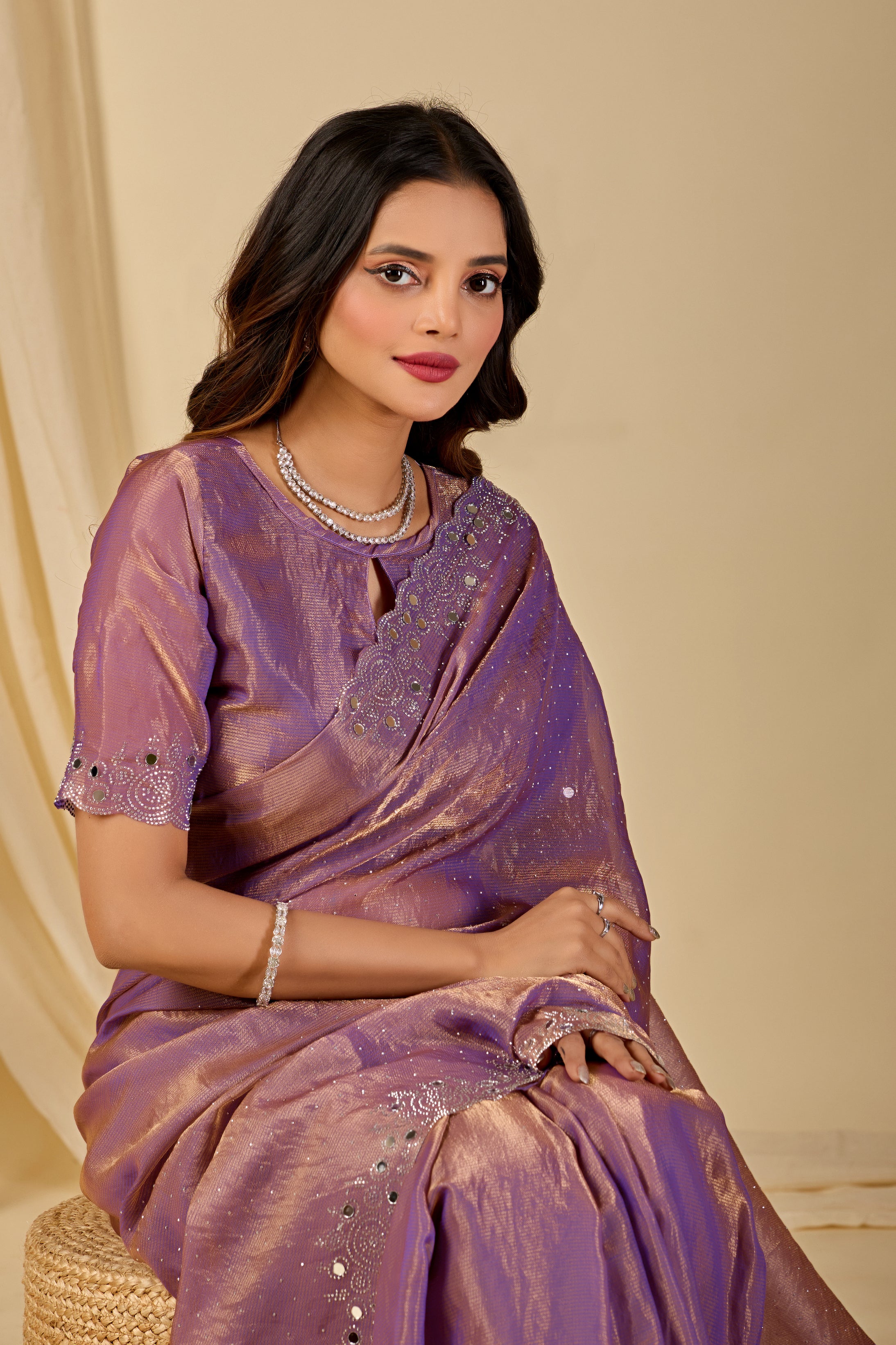 SHLOKA Chiffon Mirror Work Saree - Light Lavendar