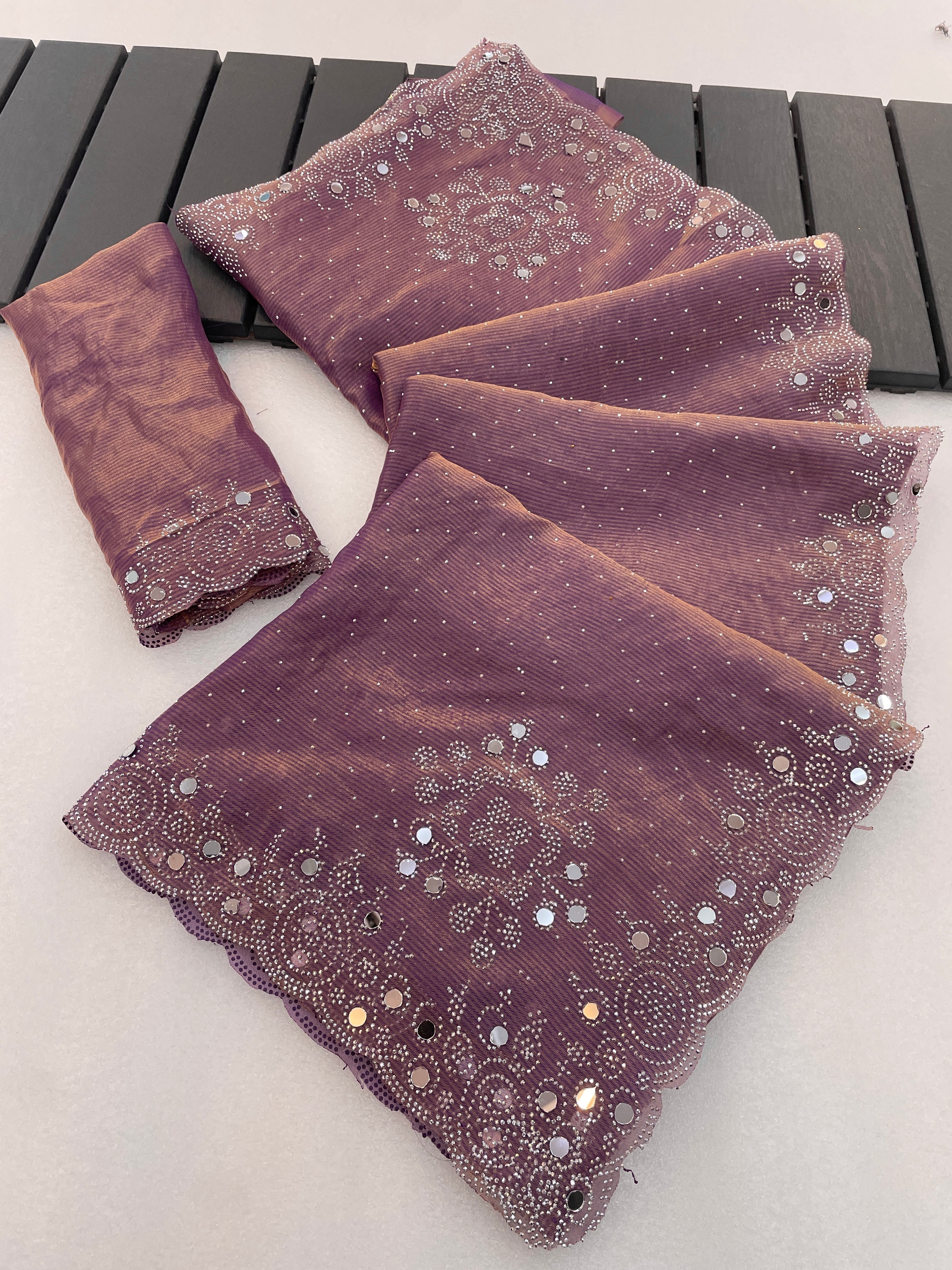 SHLOKA Chiffon Mirror Work Saree - Light Lavendar