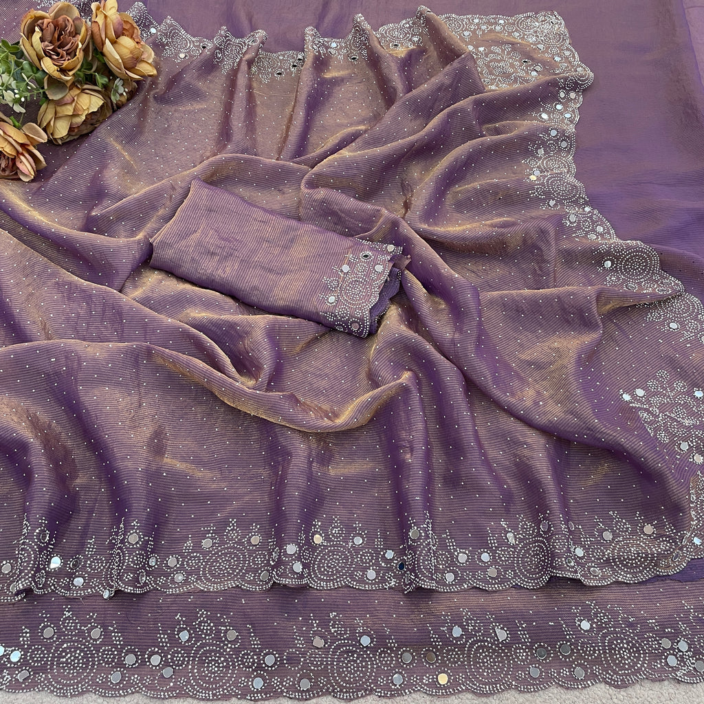 SHLOKA Chiffon Mirror Work Saree - Light Lavendar