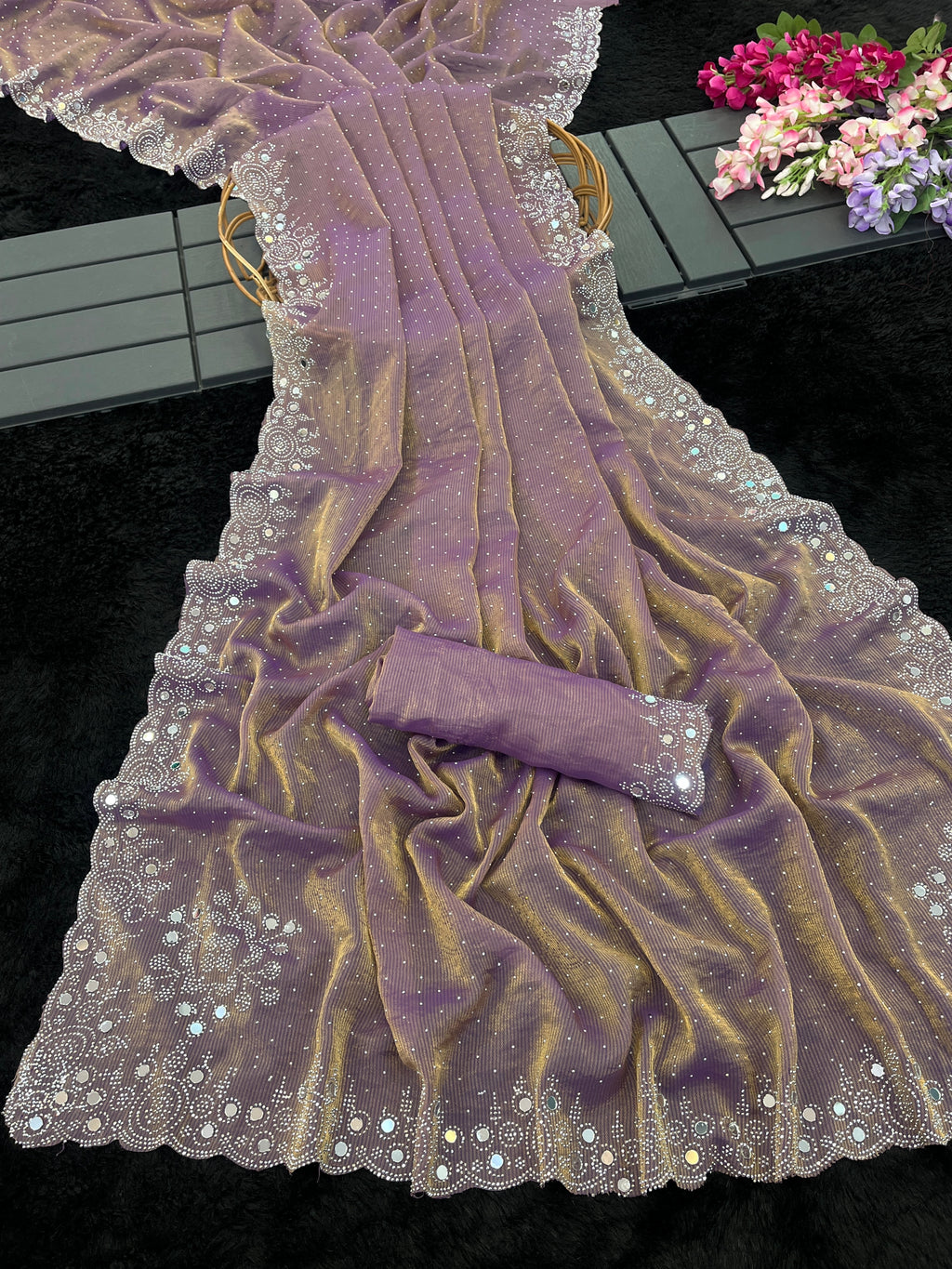 SHLOKA Chiffon Mirror Work Saree - Light Lavendar
