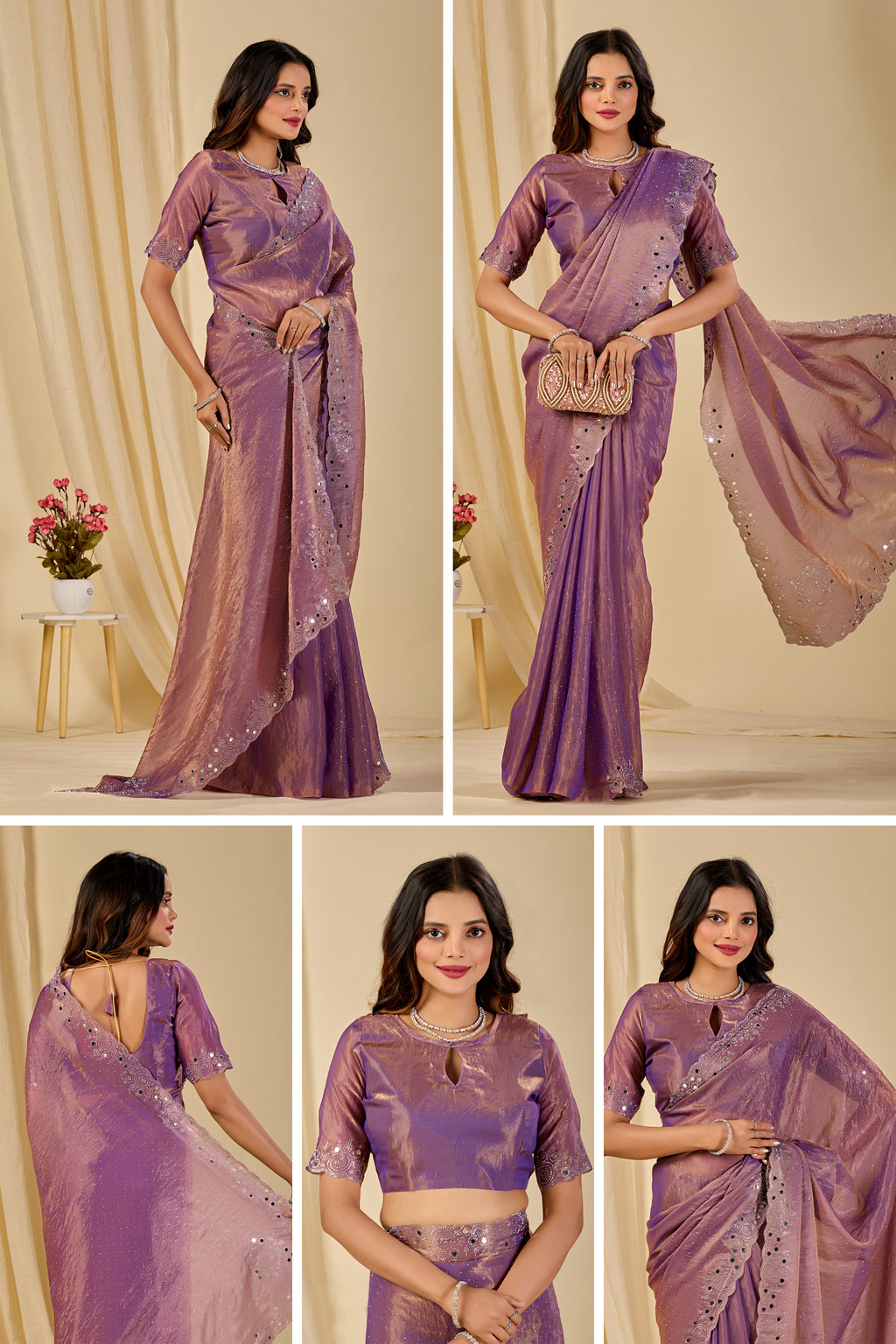 SHLOKA Chiffon Mirror Work Saree - Light Lavendar