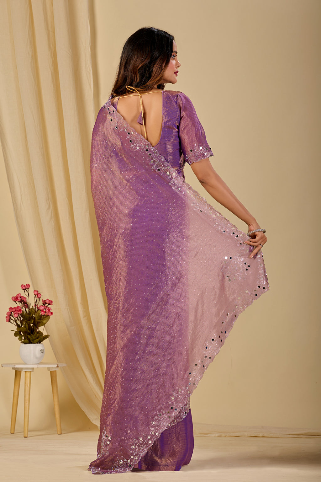 SHLOKA Chiffon Mirror Work Saree - Light Lavendar