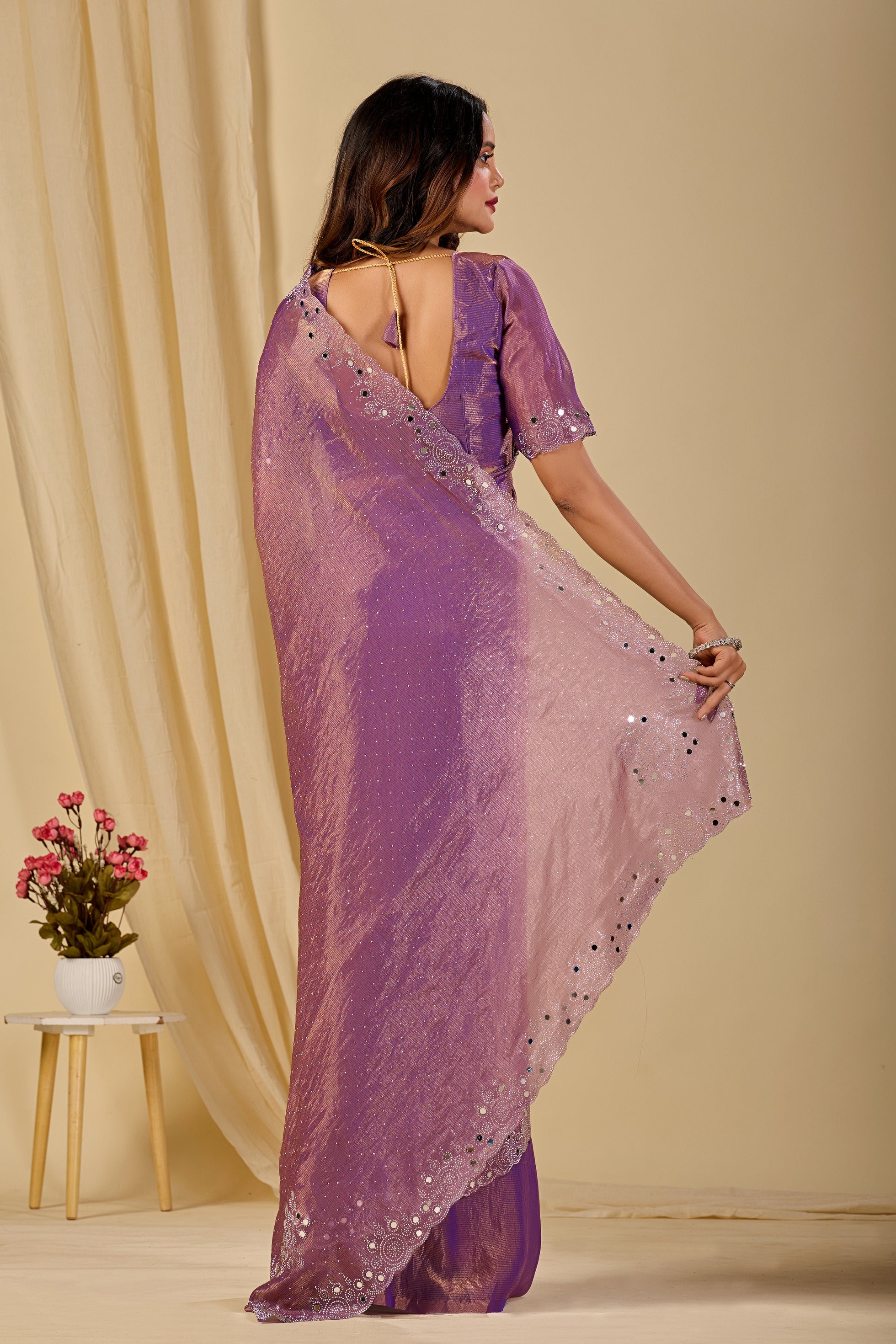SHLOKA Chiffon Mirror Work Saree - Light Lavendar
