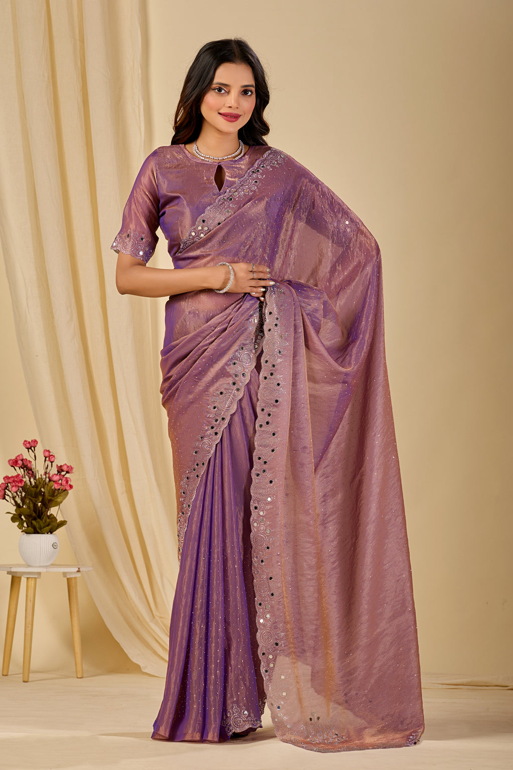 SHLOKA Chiffon Mirror Work Saree - Light Lavendar