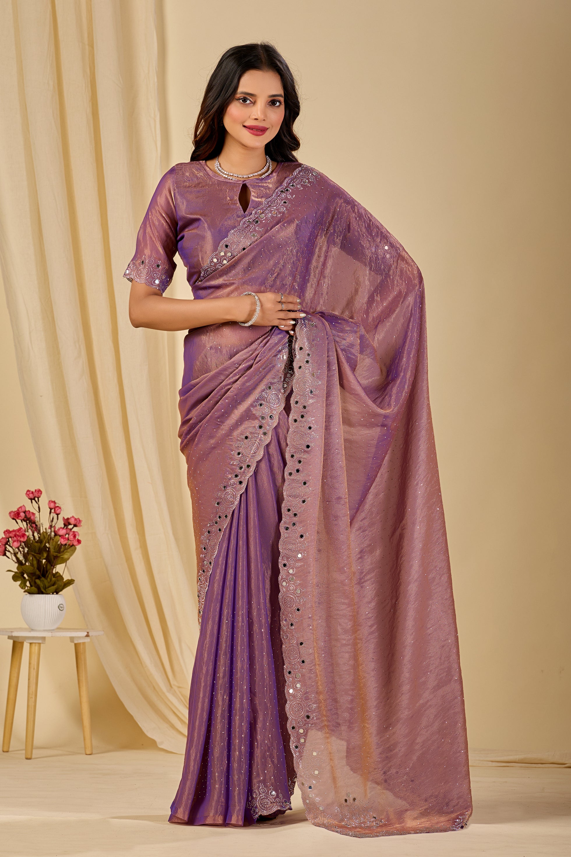 SHLOKA Chiffon Mirror Work Saree - Light Lavendar