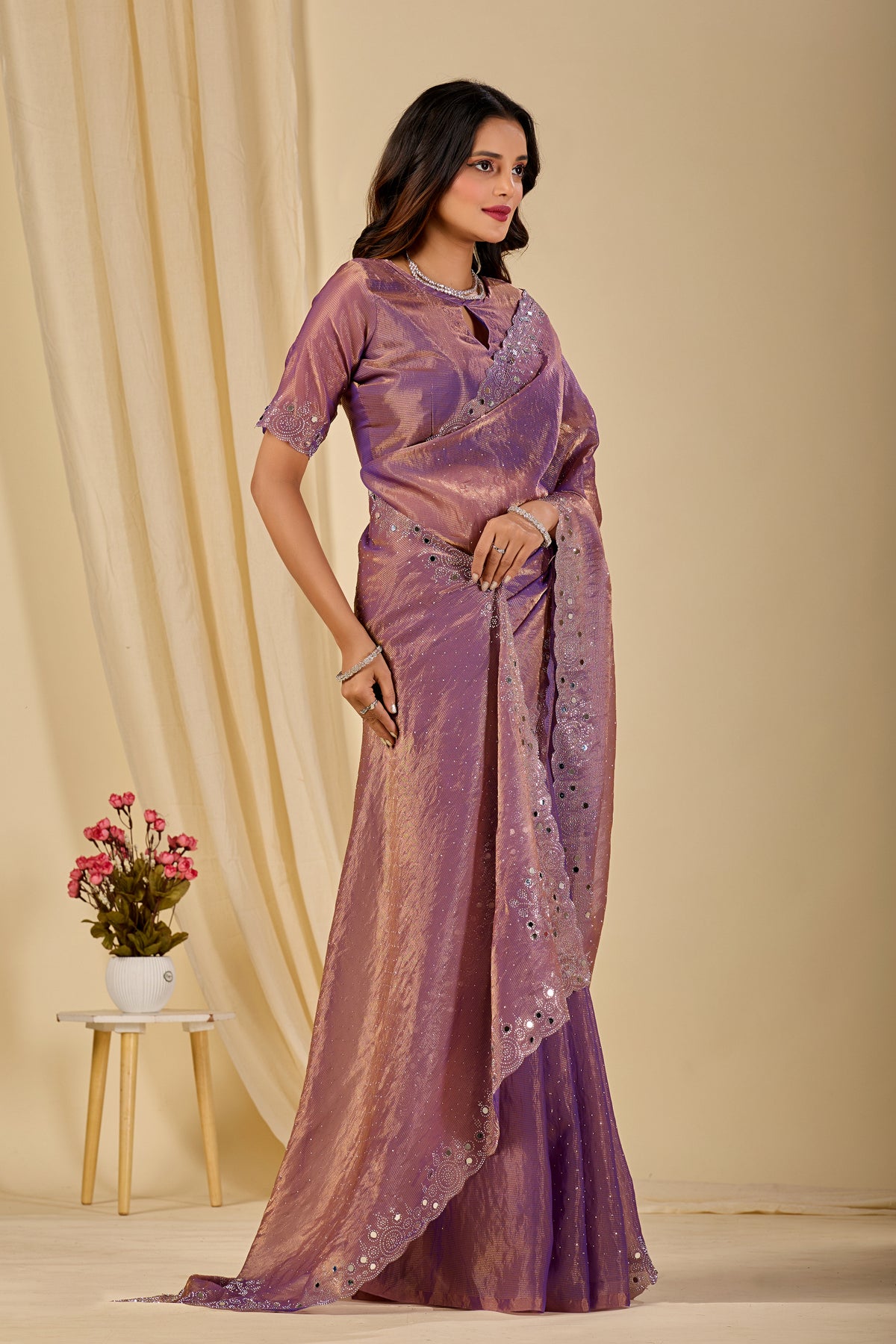 SHLOKA Chiffon Mirror Work Saree - Light Lavendar