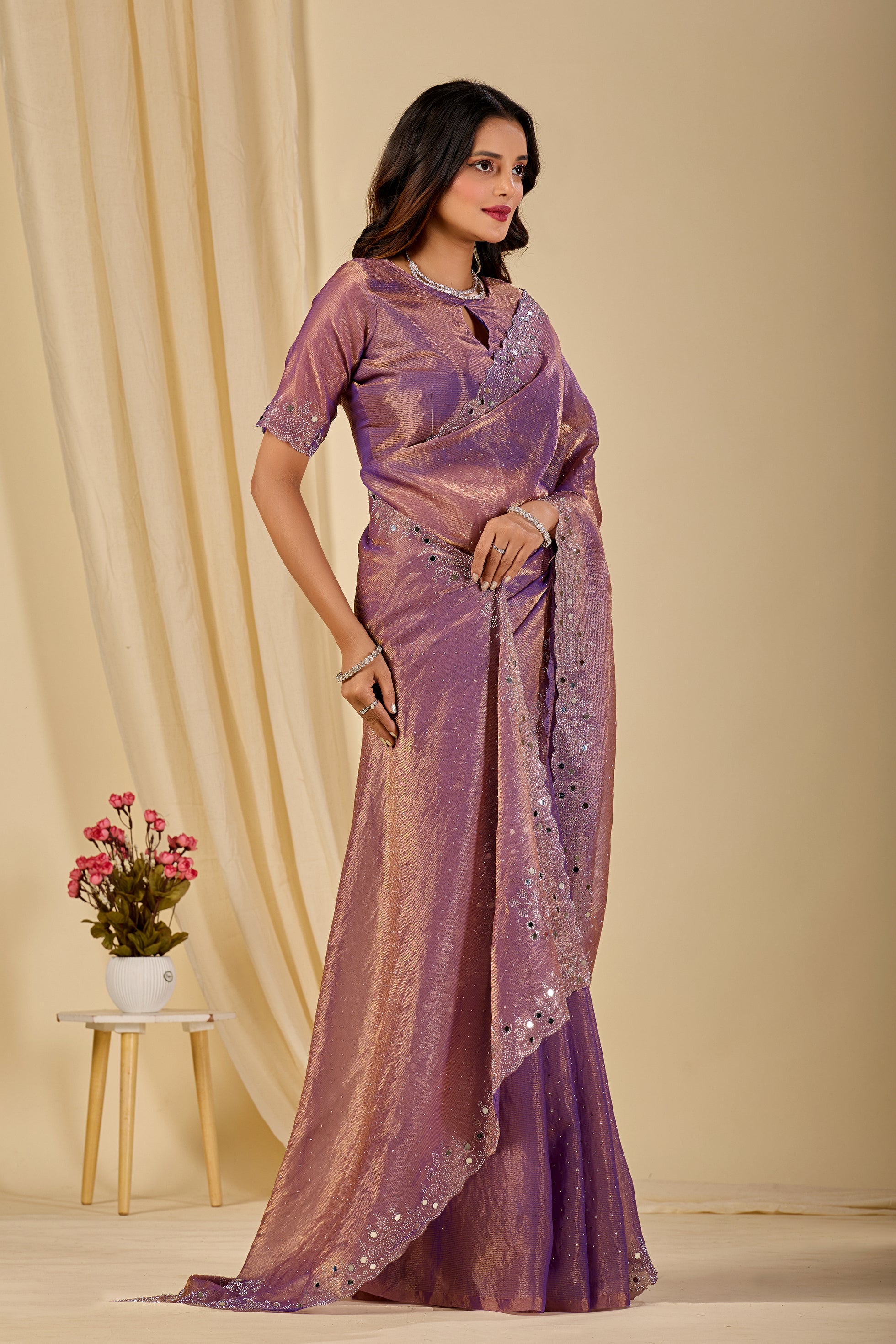 SHLOKA Chiffon Mirror Work Saree - Light Lavendar