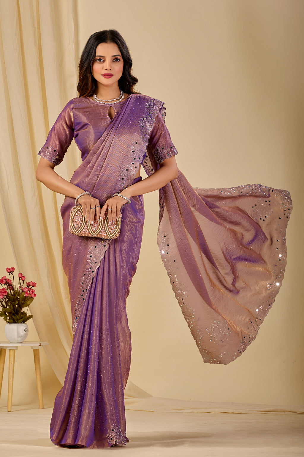 SHLOKA Chiffon Mirror Work Saree - Light Lavendar
