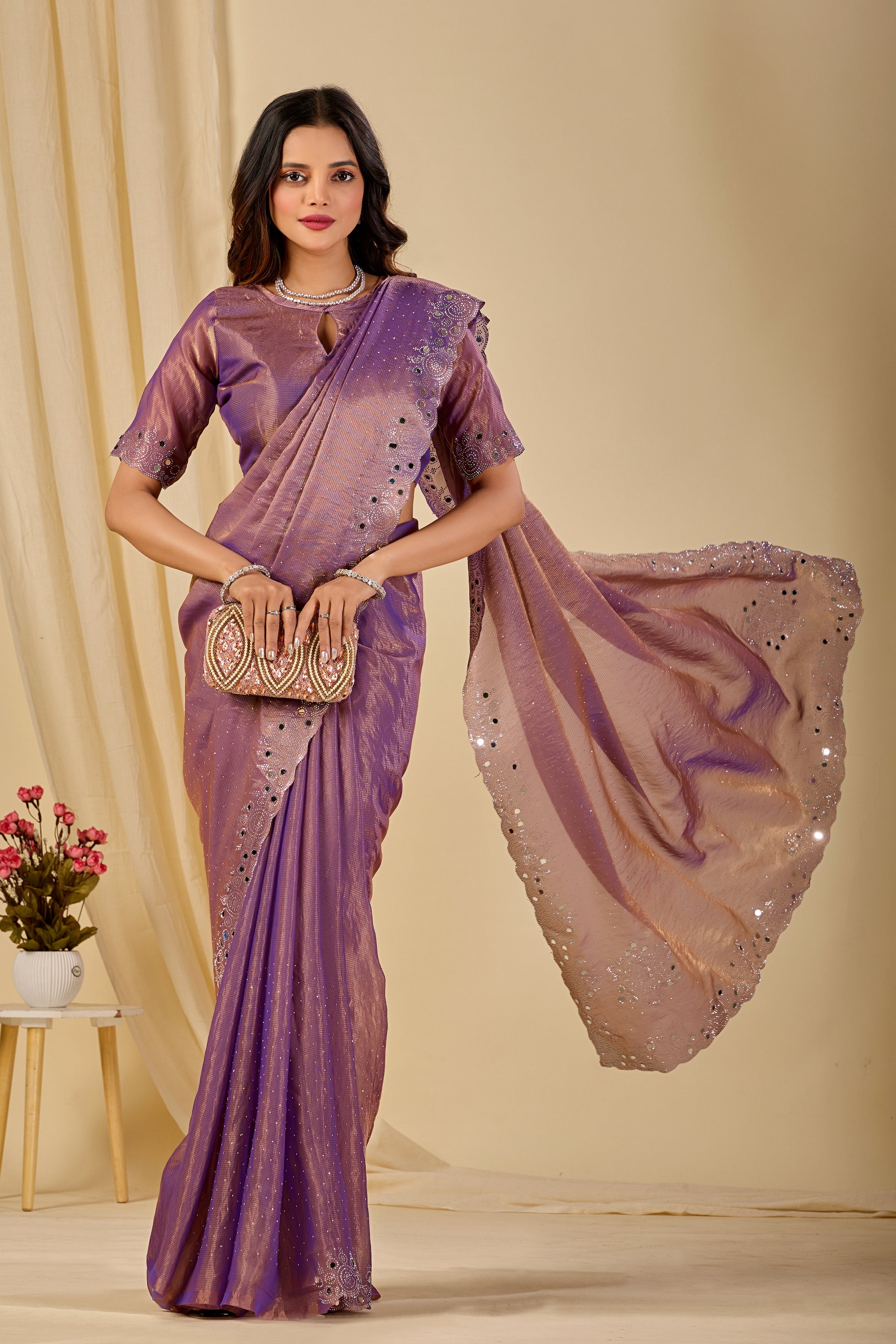 SHLOKA Chiffon Mirror Work Saree - Light Lavendar