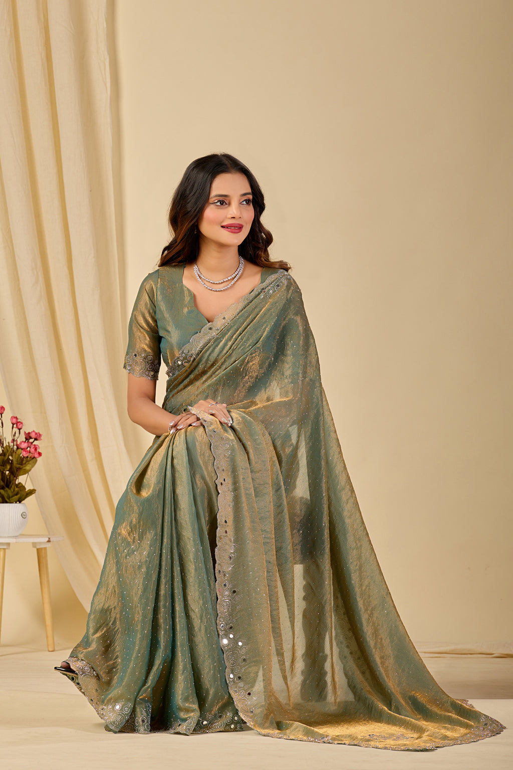 SHLOKA Chiffon Mirror Work Saree - Light Mehendi