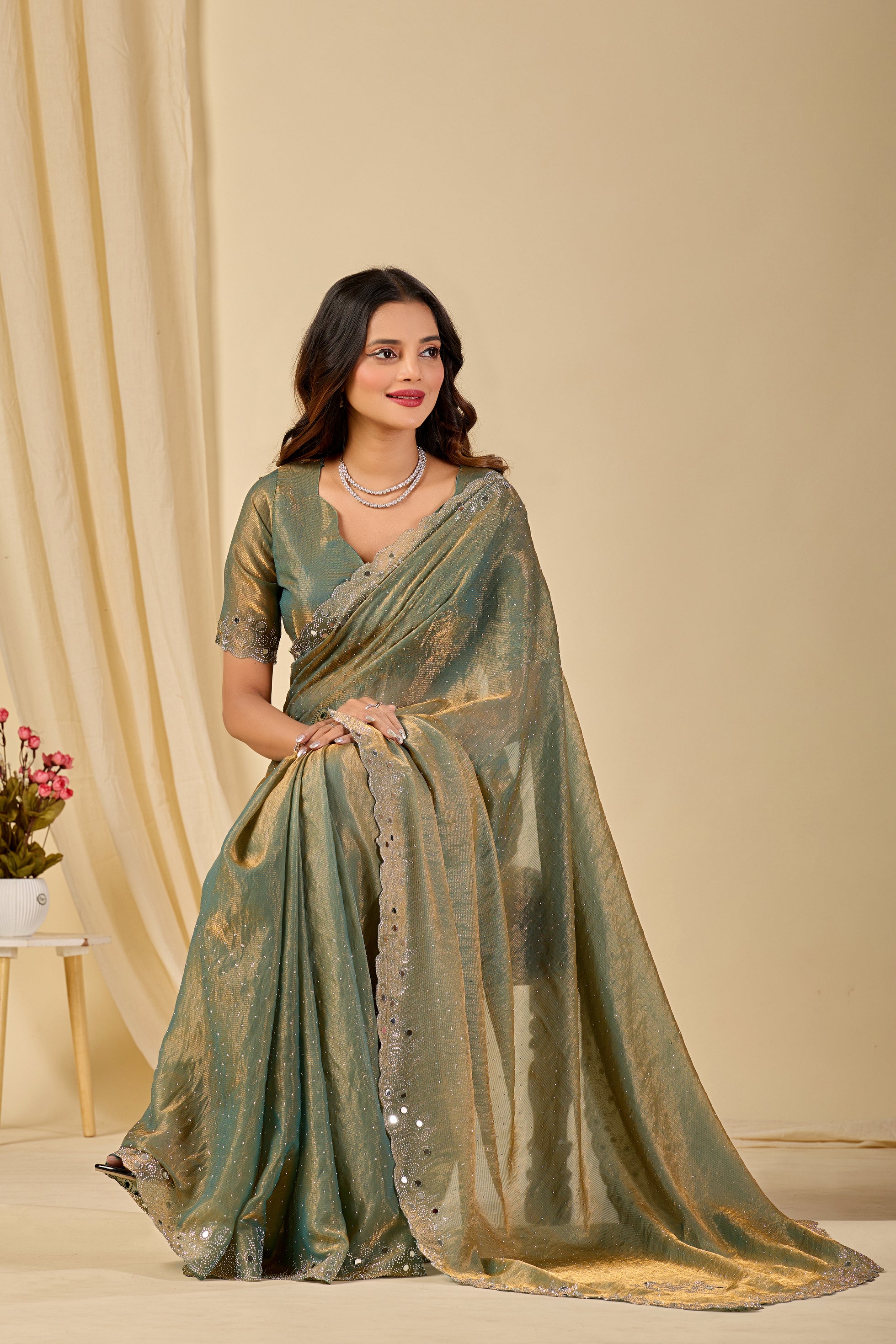 SHLOKA Chiffon Mirror Work Saree - Light Mehendi