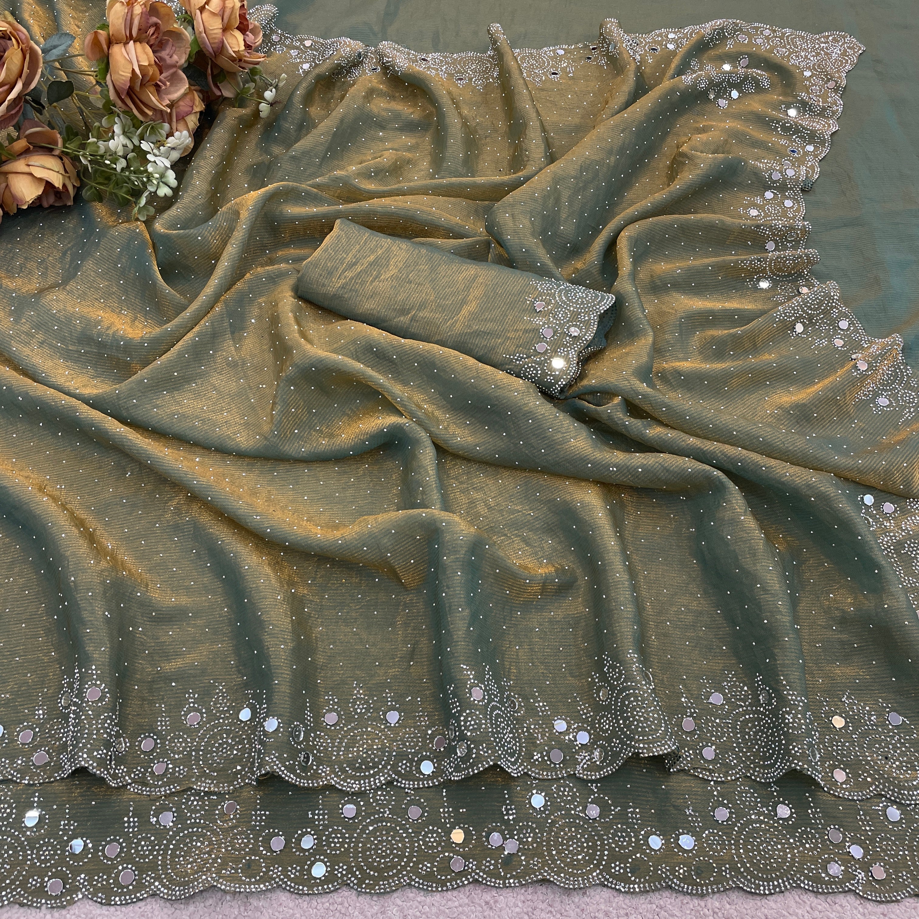 SHLOKA Chiffon Mirror Work Saree - Light Mehendi