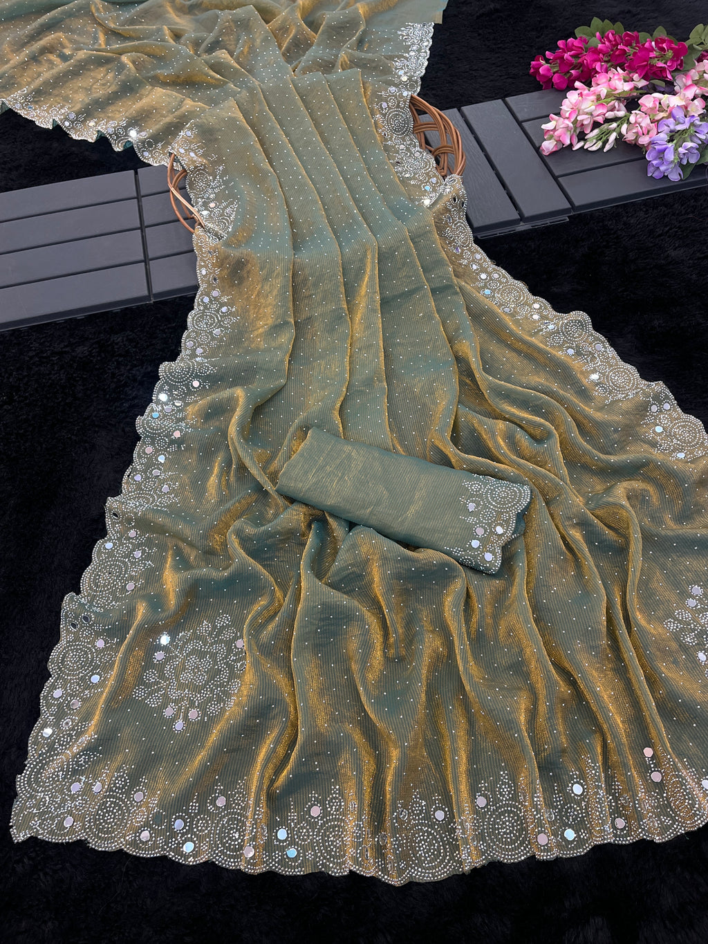 SHLOKA Chiffon Mirror Work Saree - Light Mehendi