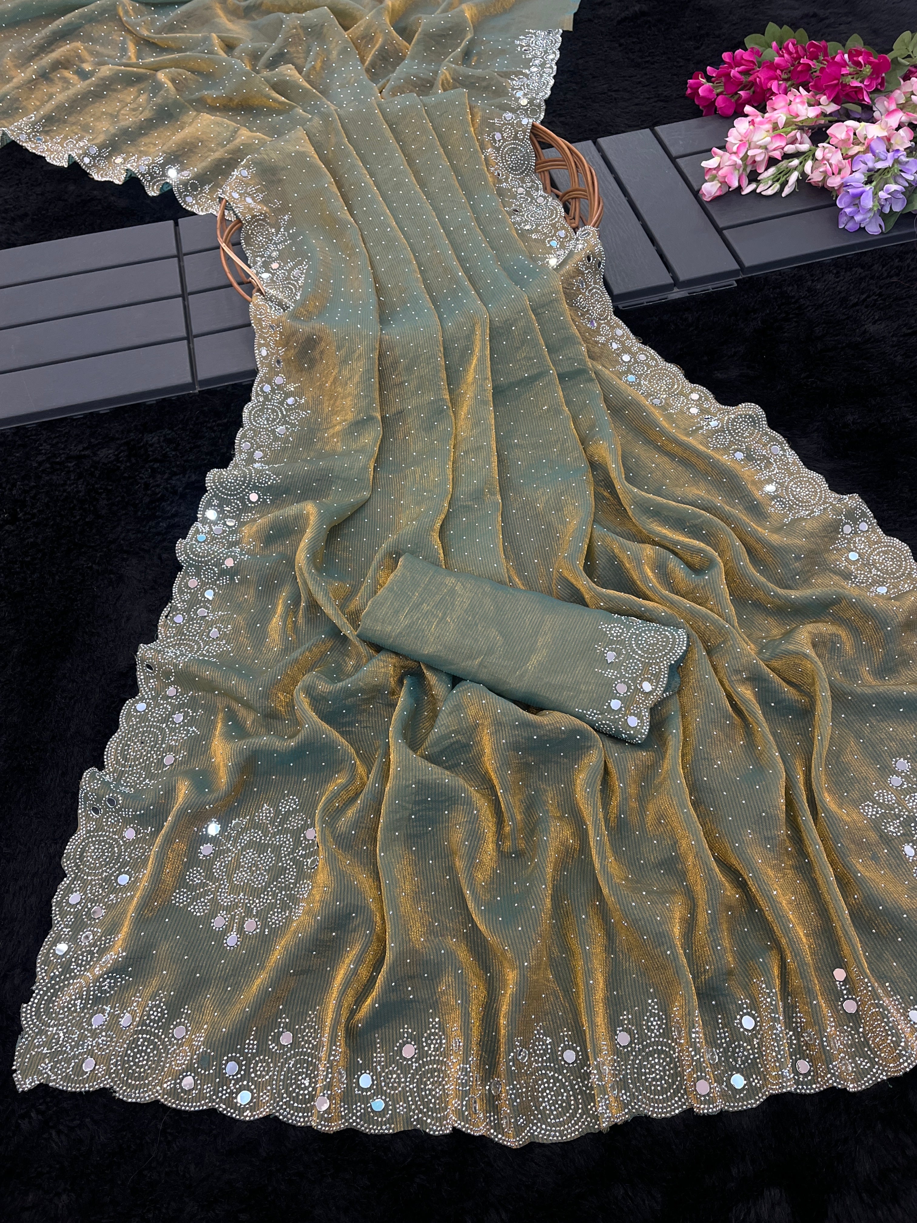 SHLOKA Chiffon Mirror Work Saree - Light Mehendi