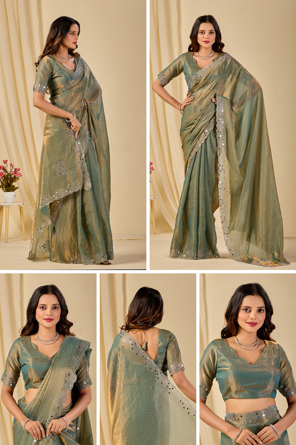 SHLOKA Chiffon Mirror Work Saree - Light Mehendi